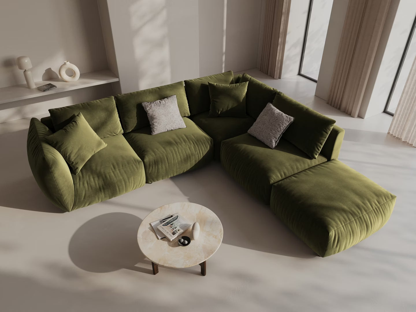 Modular velvet corner sofa for 4 people right-facing CHRIS light green