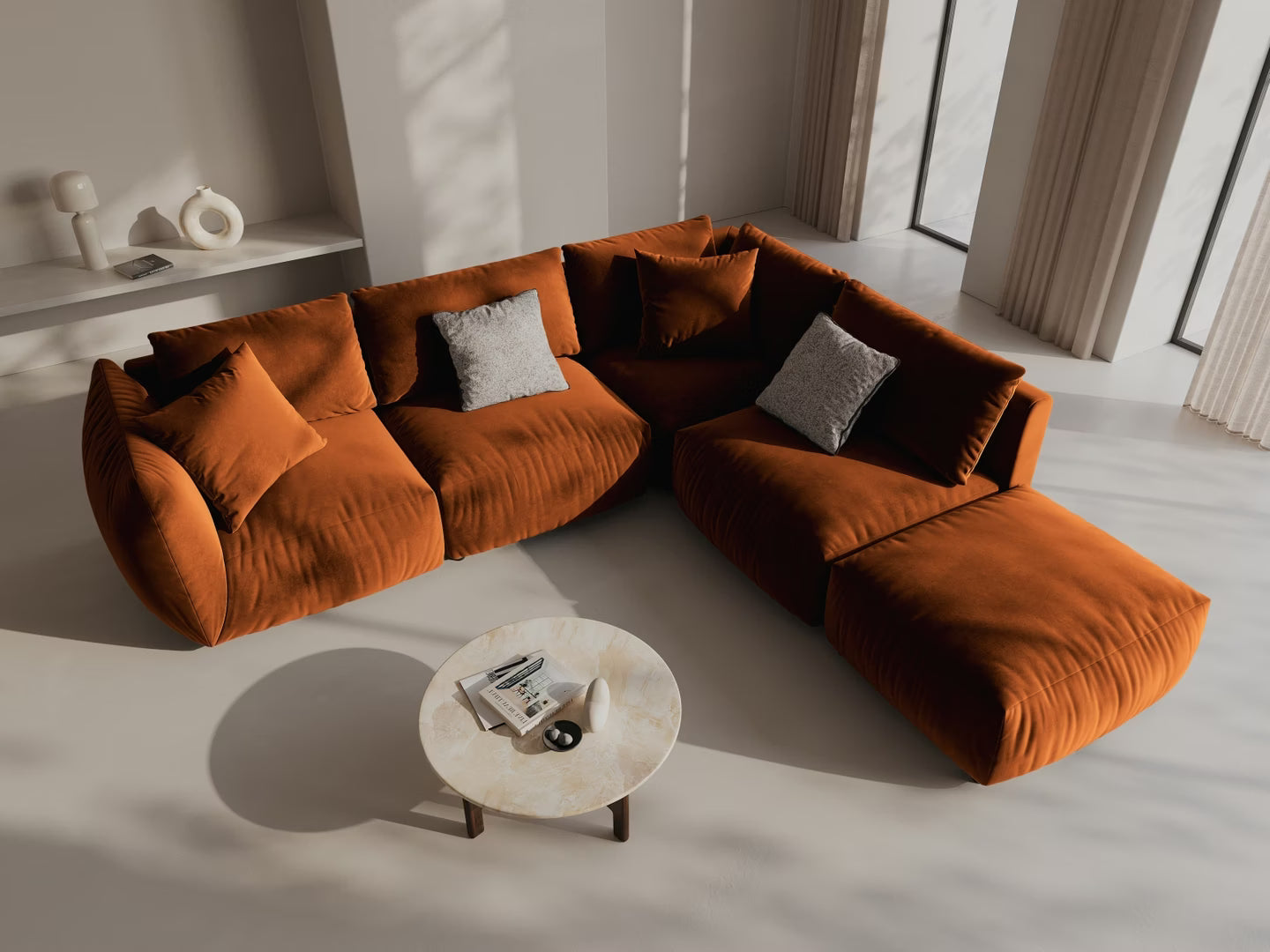 Modulaire fluwelen hoekbank voor 4 personen, links CHRIS terracotta