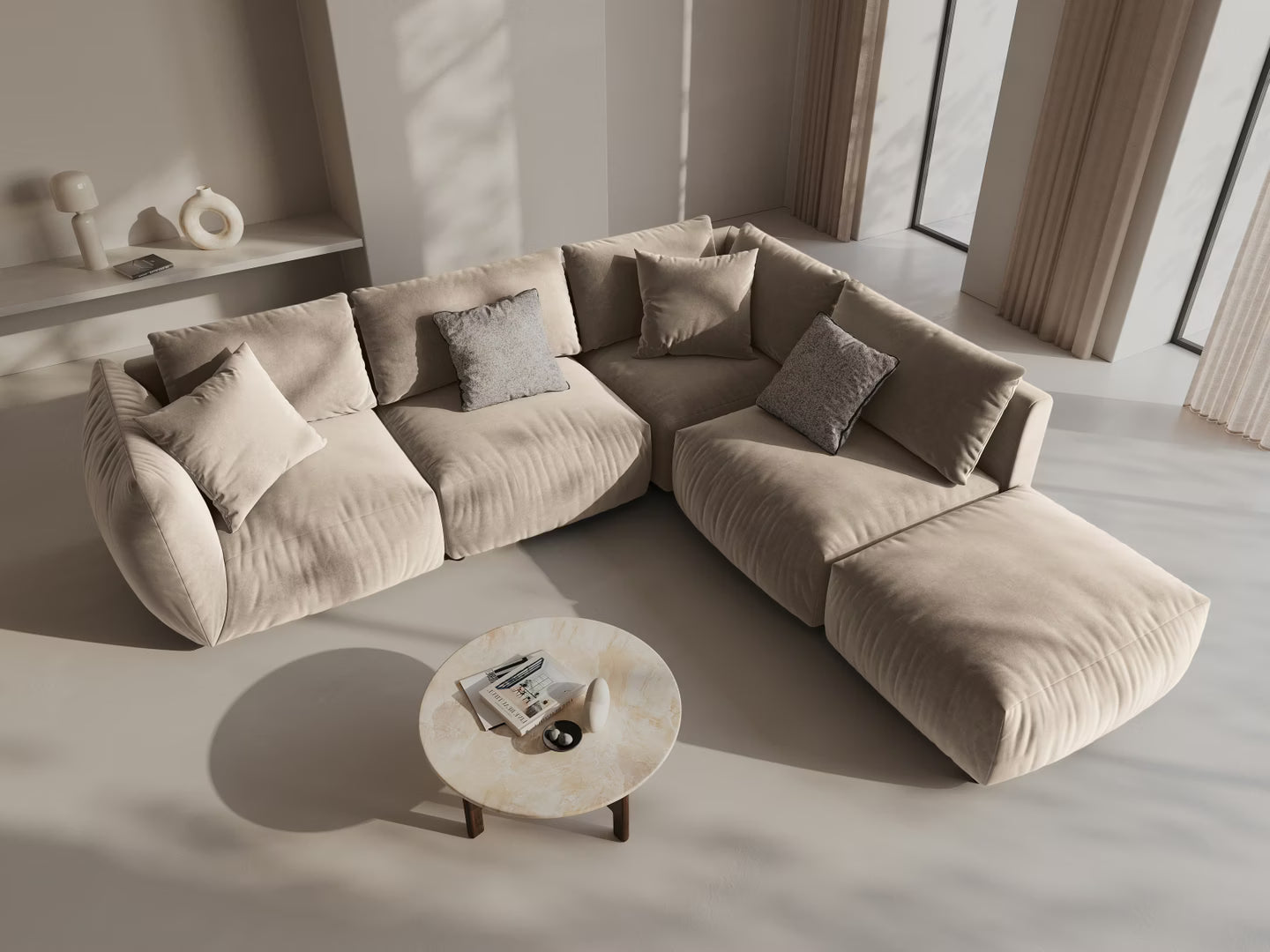 Modulaire fluwelen hoekbank voor 4 personen, links CHRIS ecru