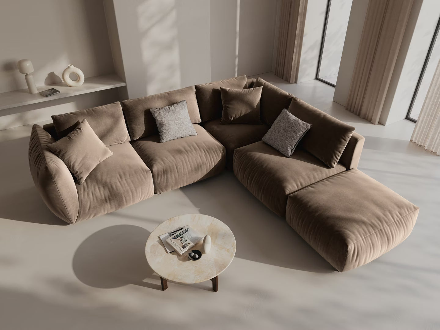 Modular velvet corner sofa for 4 people right-facing CHRIS light brown