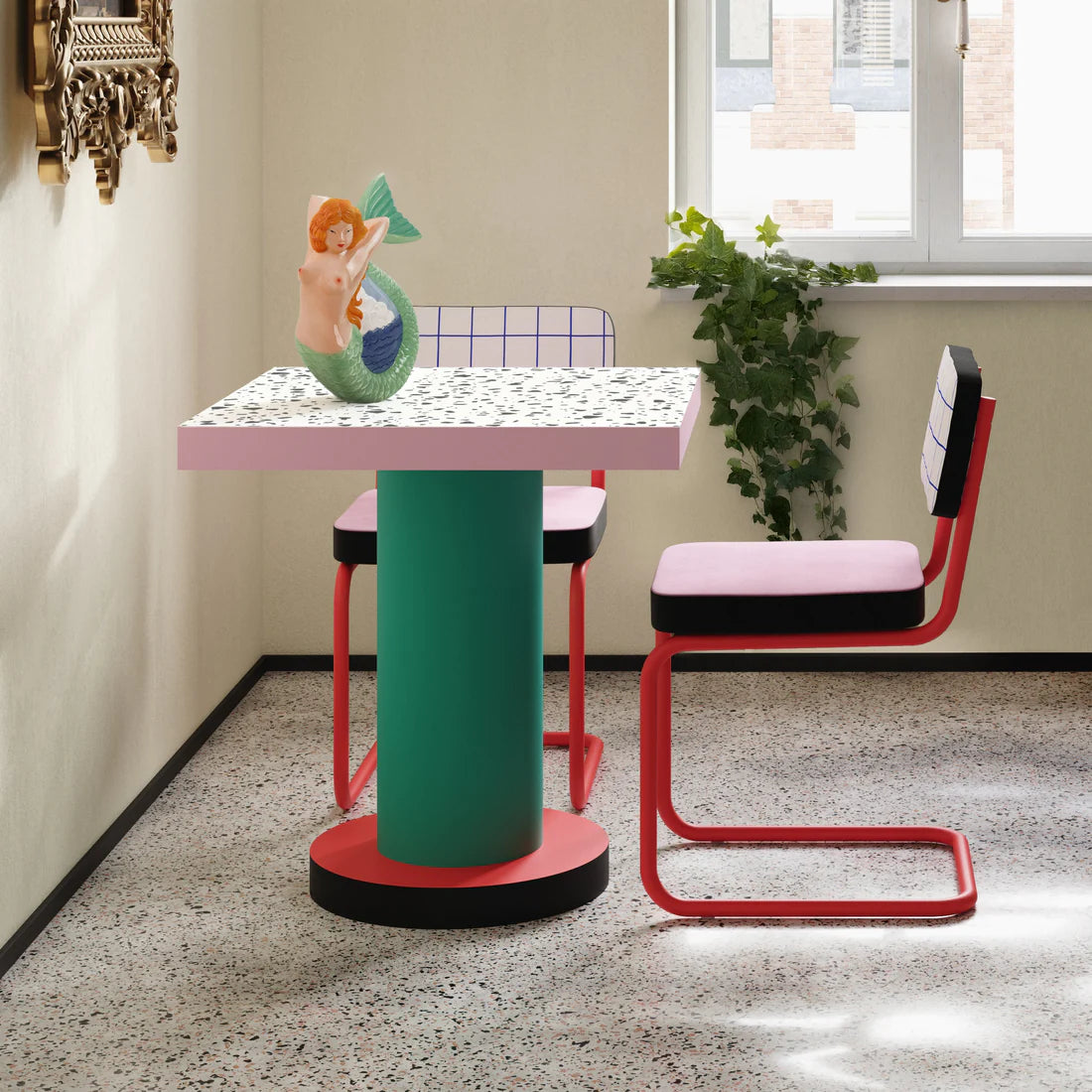 Vierkante café tafel met ronde basis SUPERLOUNGE TERRAZZO turkoois met rood