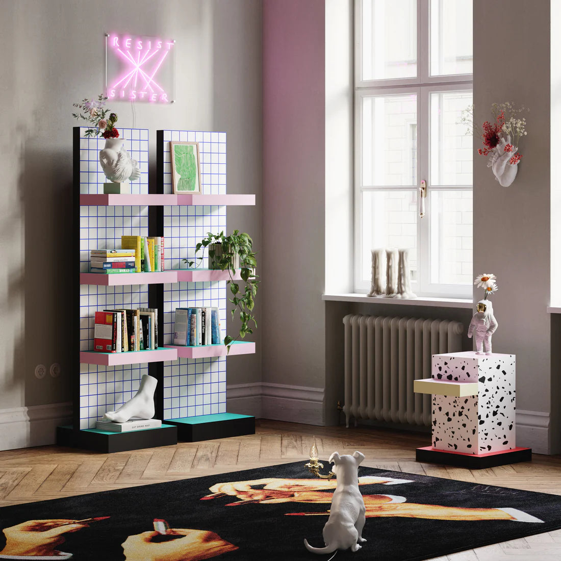 Rek SUPERSHELF BLAUW RASTER wit met roze en groen