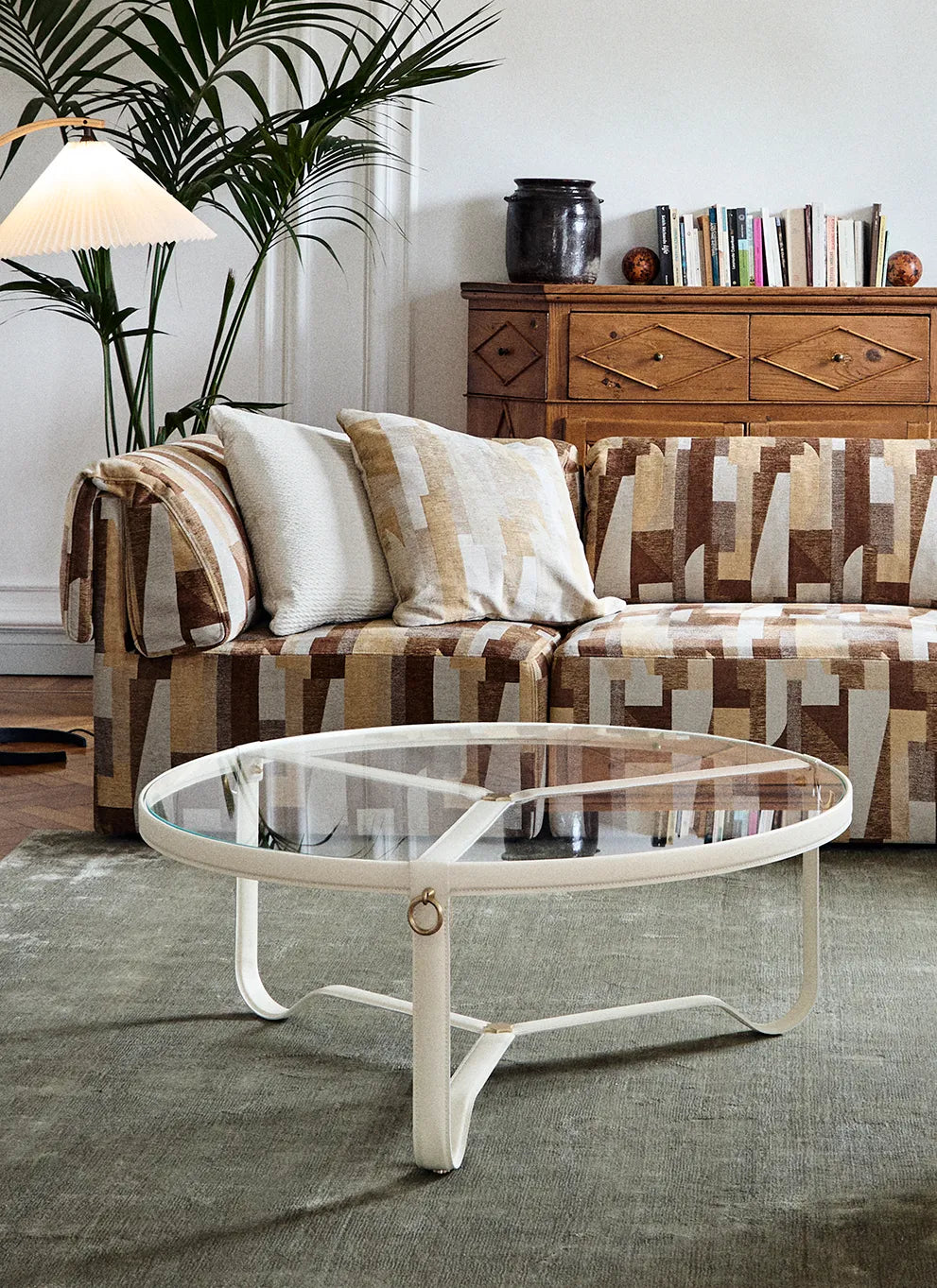 ADNET coffee table glass and cream leather