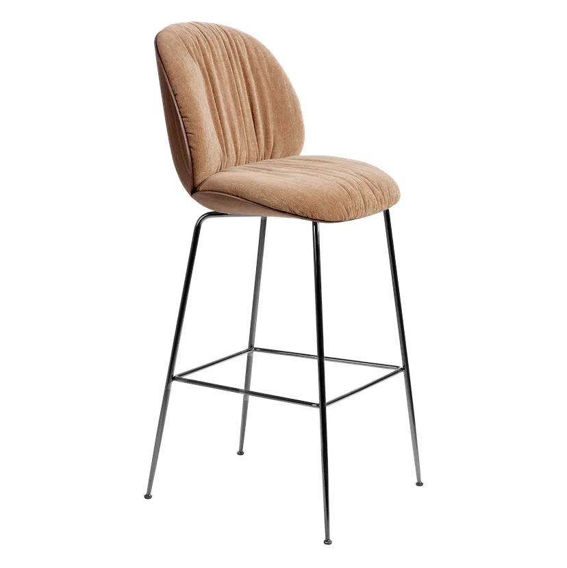 Barhocker BEETLE SOFT gepolstert mit Nussbaumholz und schwarzem verchromtem Fuß
