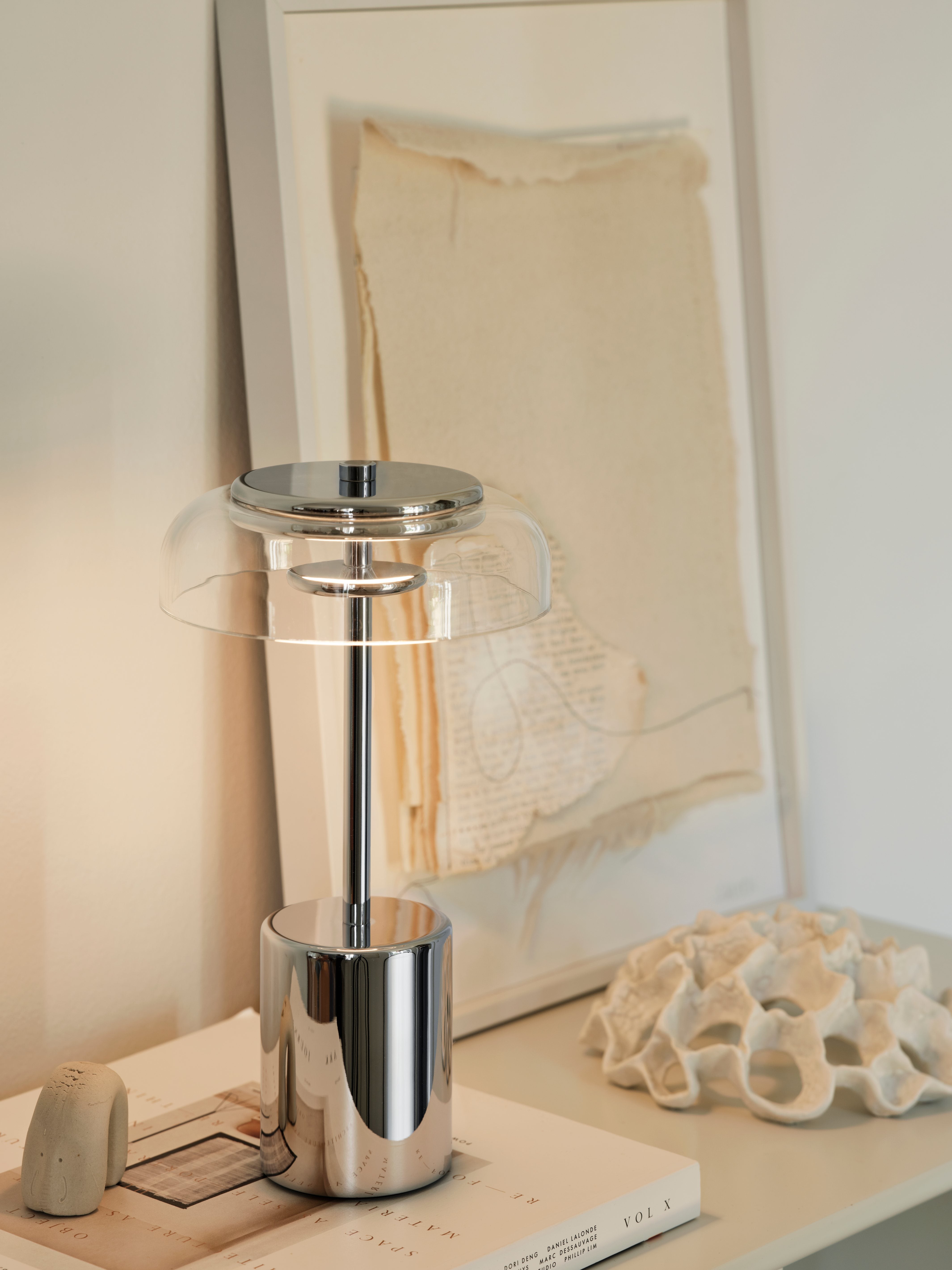 Draagbare lamp BLOSSI zilver met transparant glas