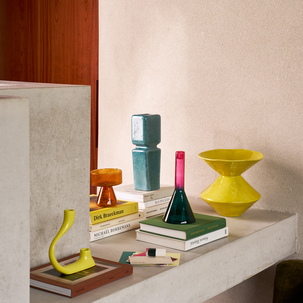 Glazen kaarsenhouder FRISK roze met groen