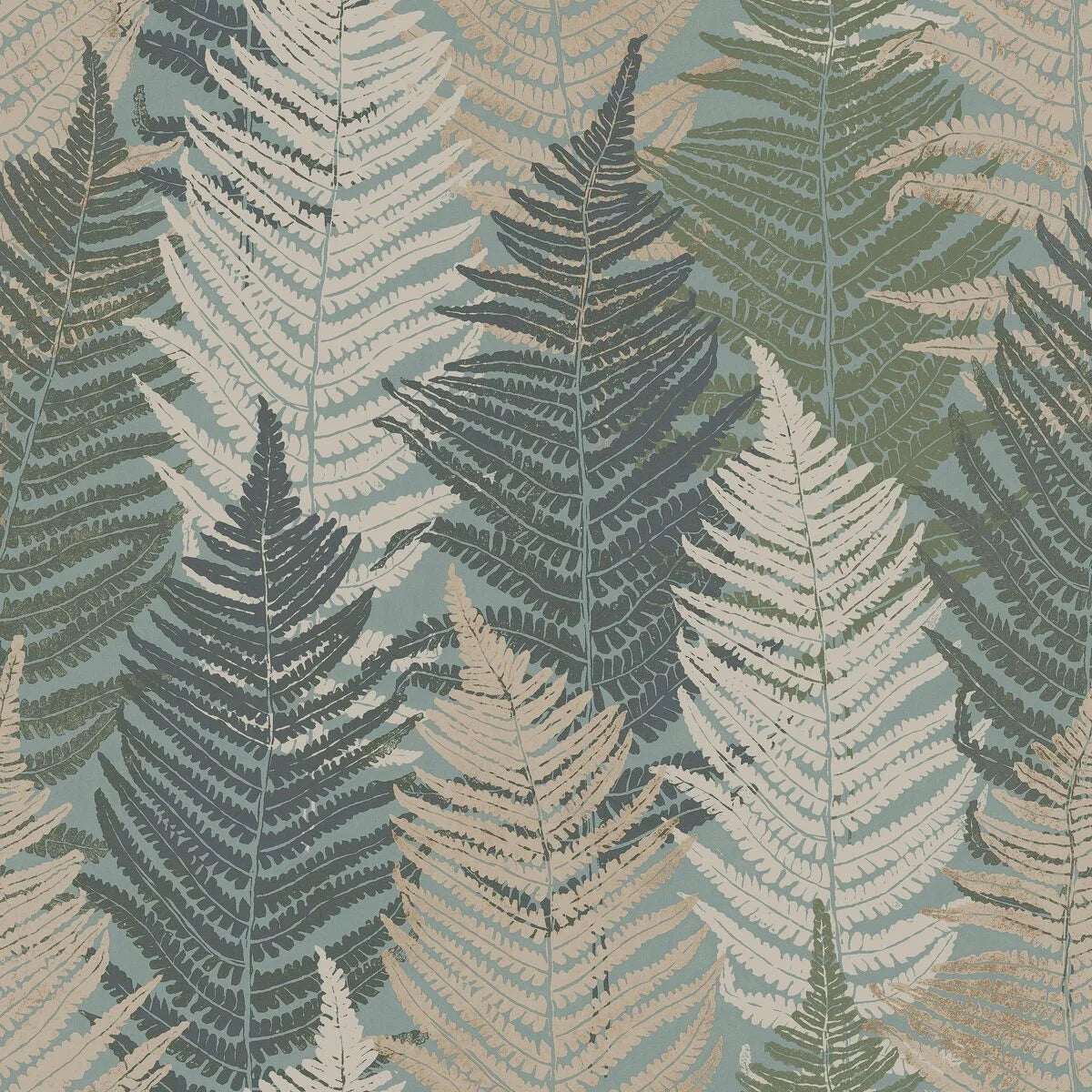Behang met een plantmotief van FERN FOREST in groen met grijs