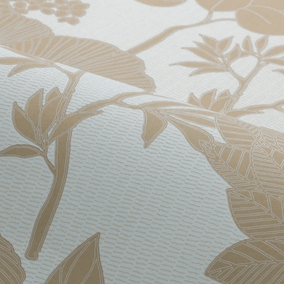 Structural wallpaper with a botanical pattern of leaves and flowers INARA - SABLE beige