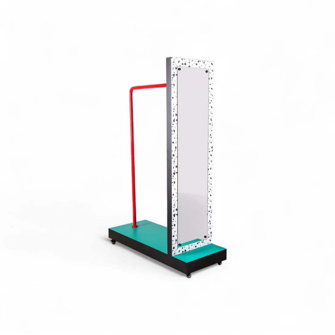Mobiele kapstok SUPERSTENDER TERRAZZO wit met turquoise en rood