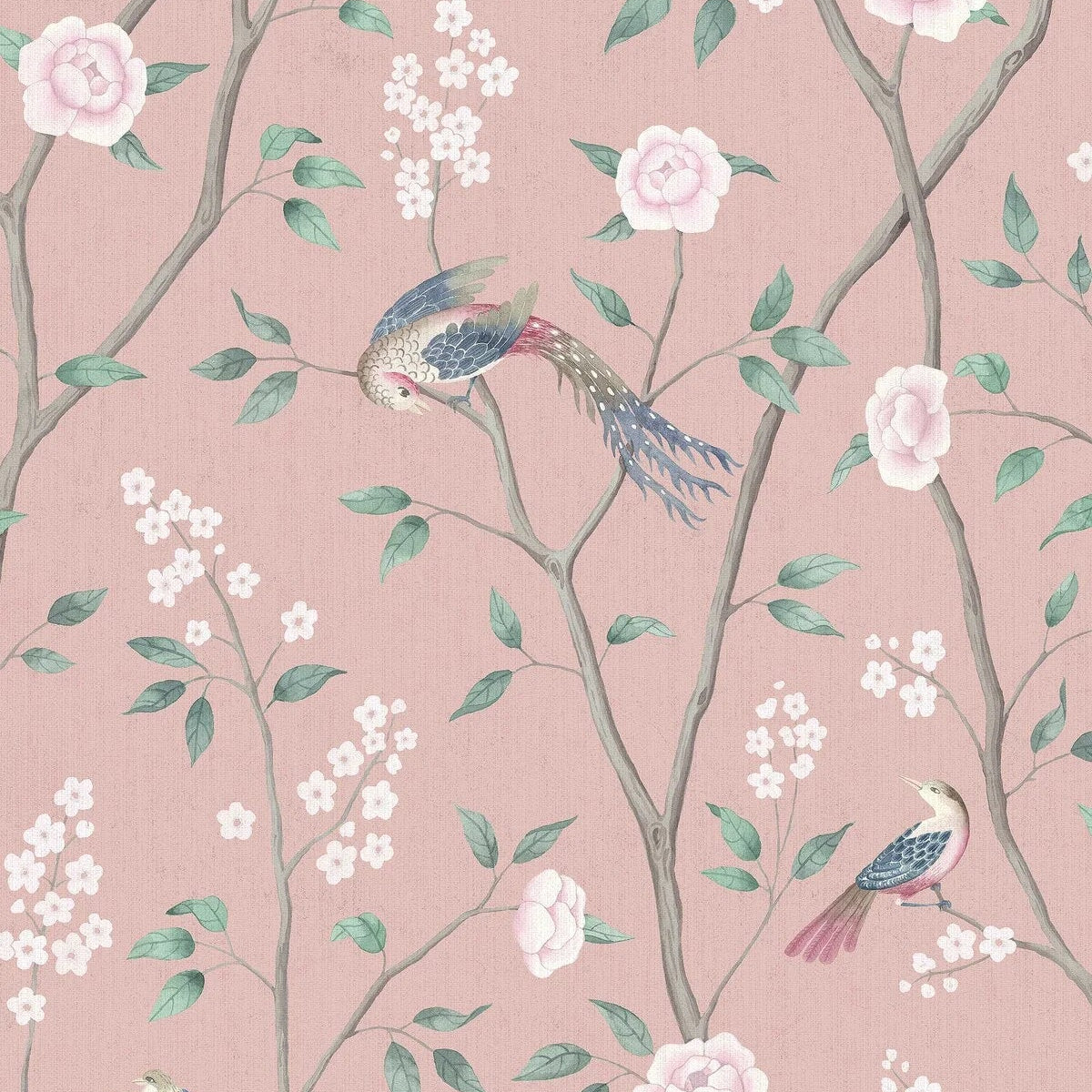 Vliesbehang met plantenmotief PARADISE BIRDS roze met wit
