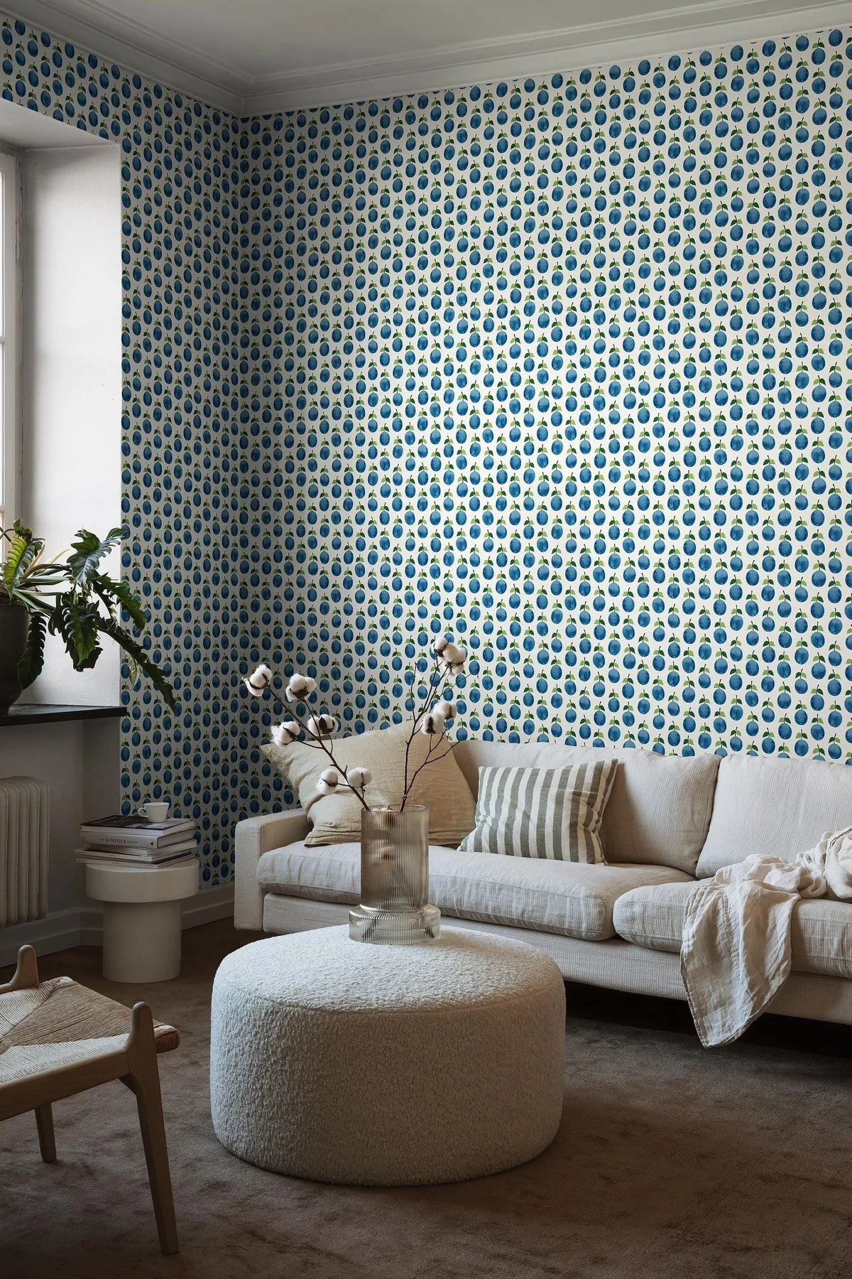 White PRUNUS Fruit Plant Motif Wallpaper with Blue