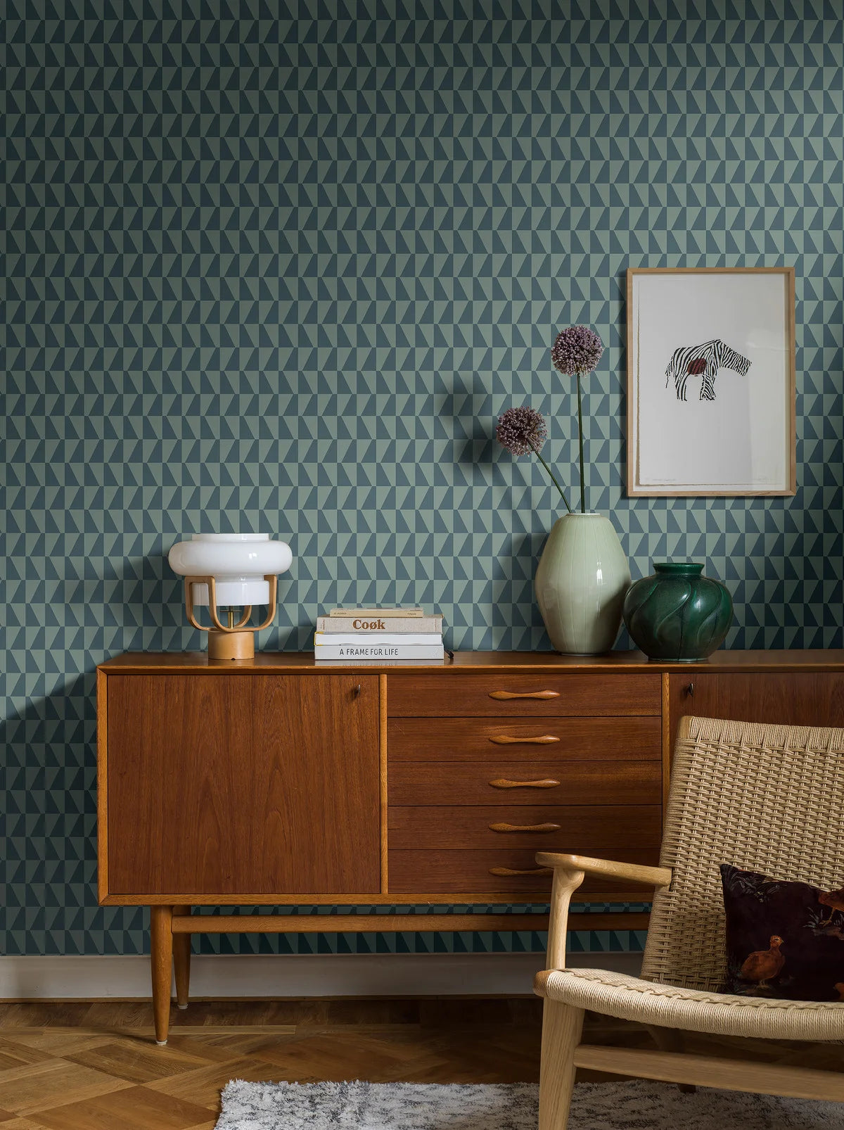Non-woven paper wallpaper with geometric pattern TRAPEZ blue with green
