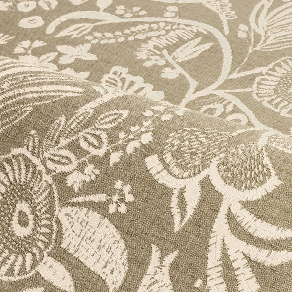 Strukturierte Tapete, die Stickerei mit einem floralen Motiv aus Blumen und Blättern im Farbton PASTEL dunkelgrün imitiert