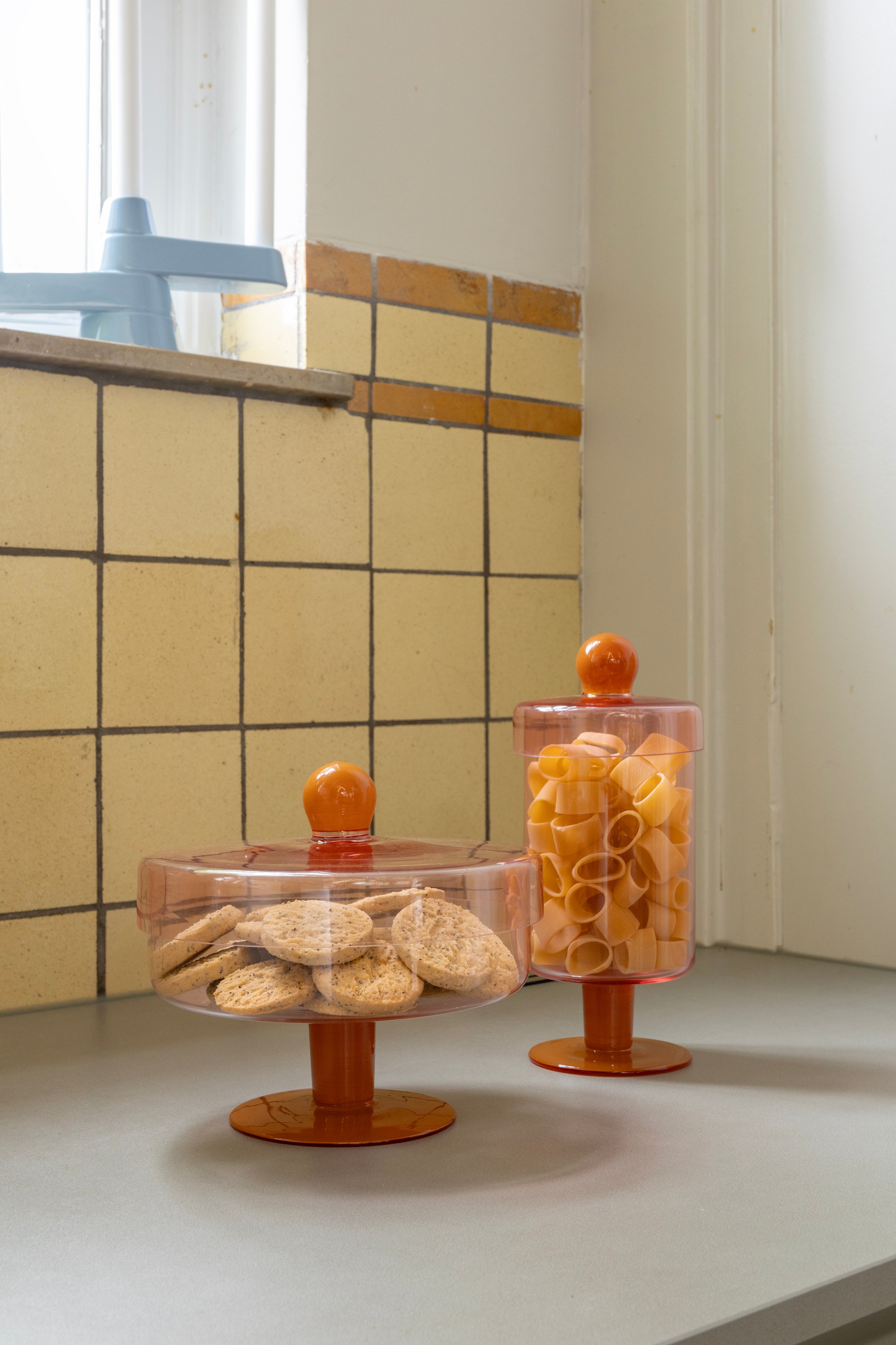 Glazen opbergcontainer DUO TALL roze met oranje