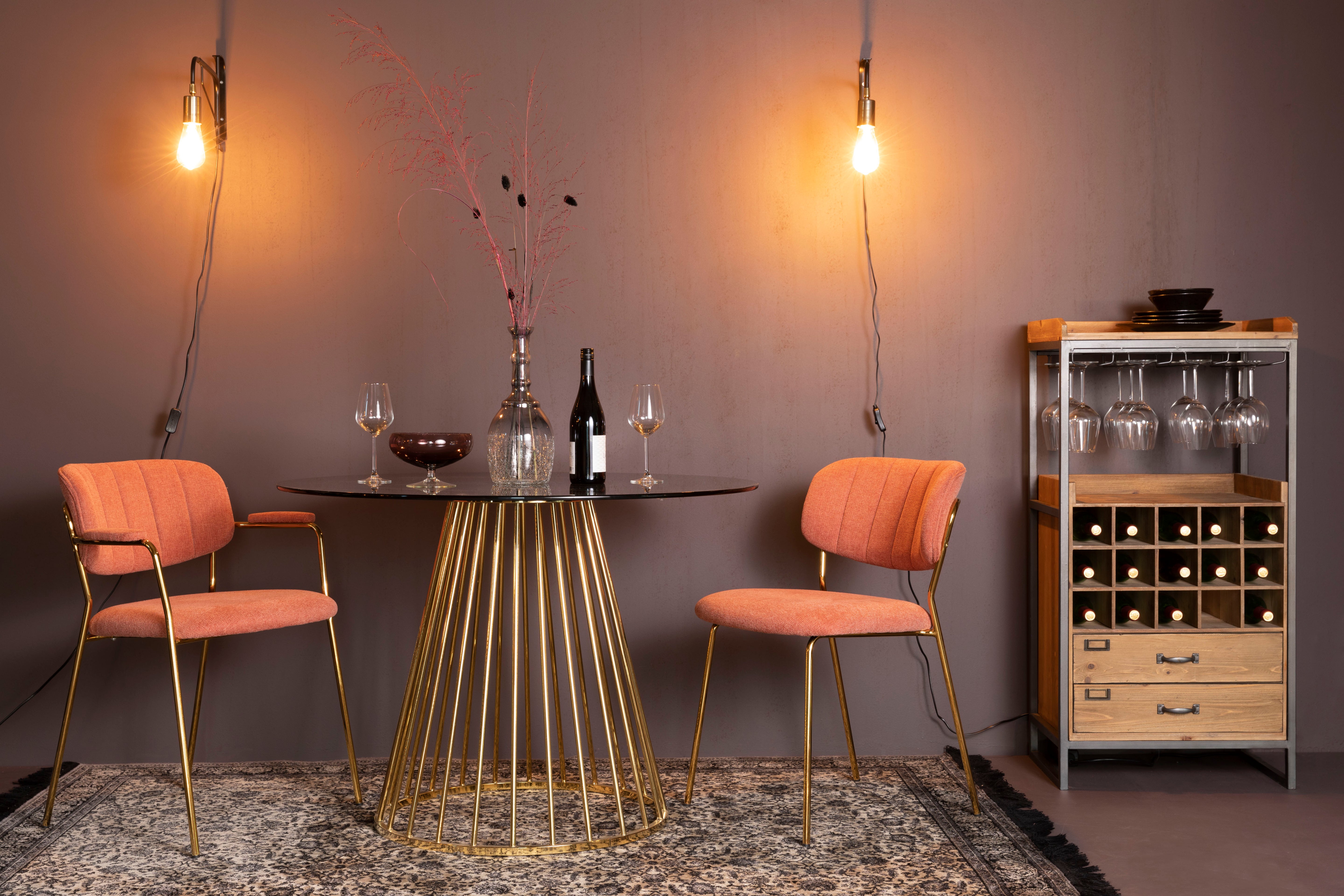 Ronde tafel FLORIS zwart glas met gouden voet