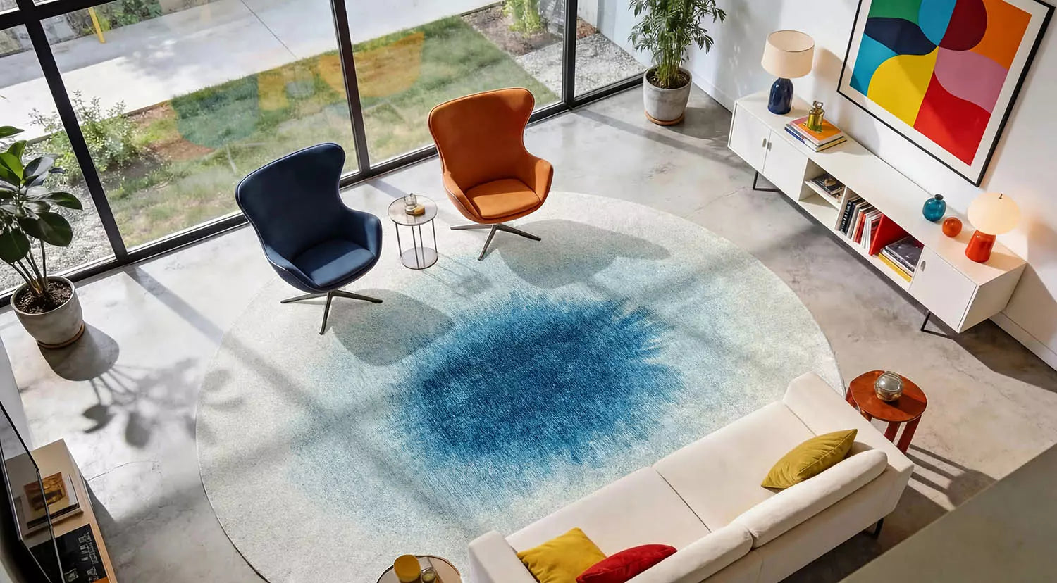 Ronde tapijt DROP wit met blauw