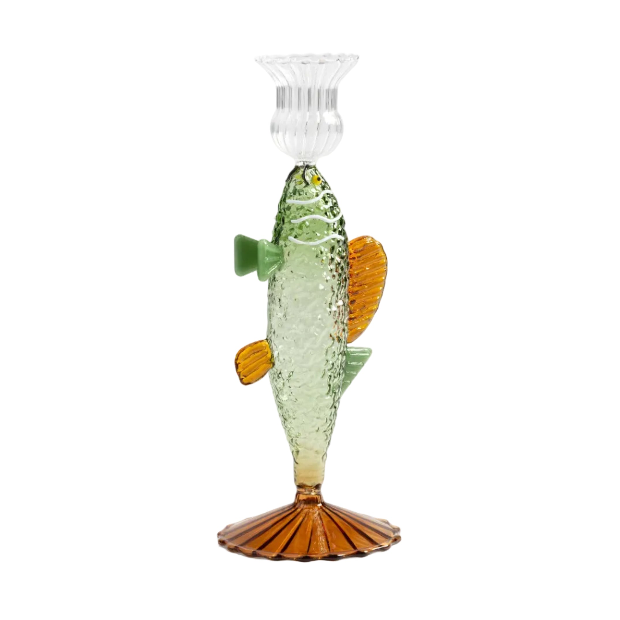 Green Glass Candle Holder FISH with Amber