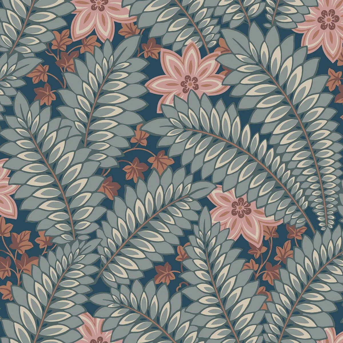 Behang met plantmotief HIDDEN IVY donkerblauw met groen