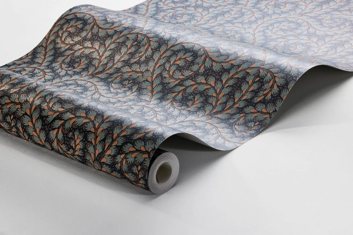 Behang met plantenmotief WILD FERNS blauw met beige