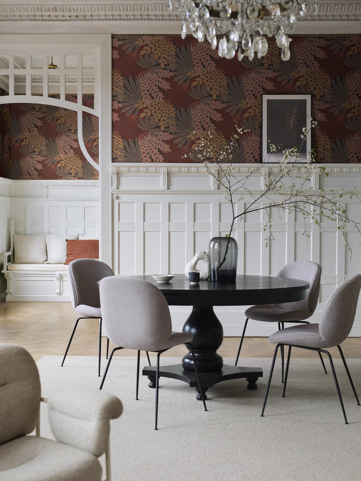 Behang met plantmotief VELVET LEAVES oranje met rood