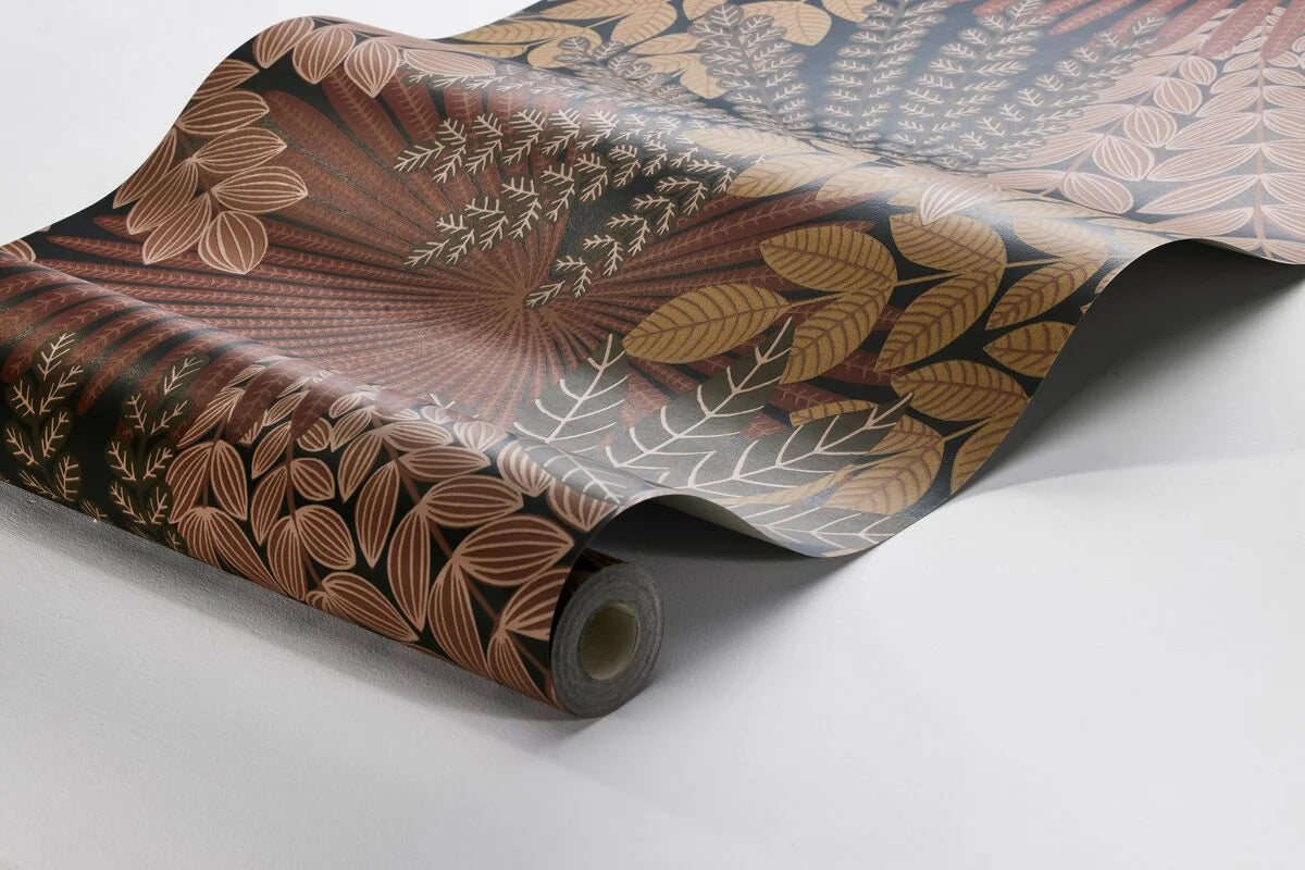 Behang met plantmotief VELVET LEAVES oranje met rood