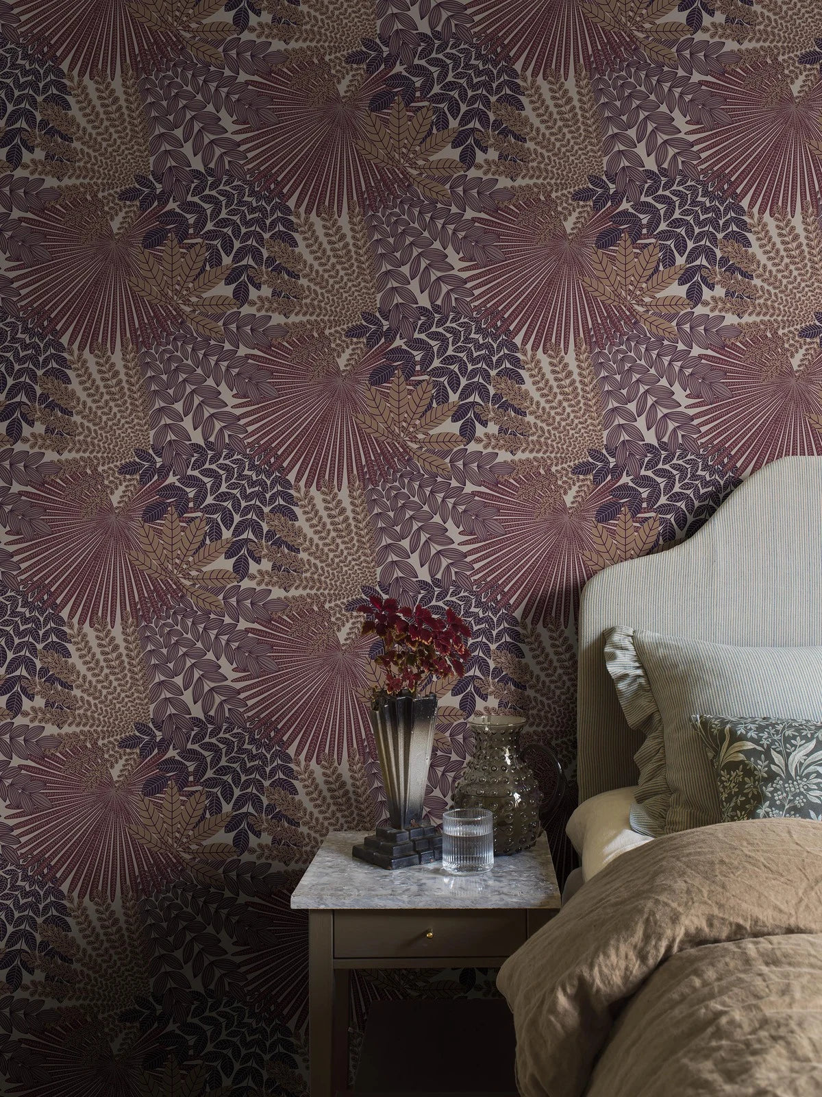 Purple Velvet Leaves Floral Wallpaper with Beige
