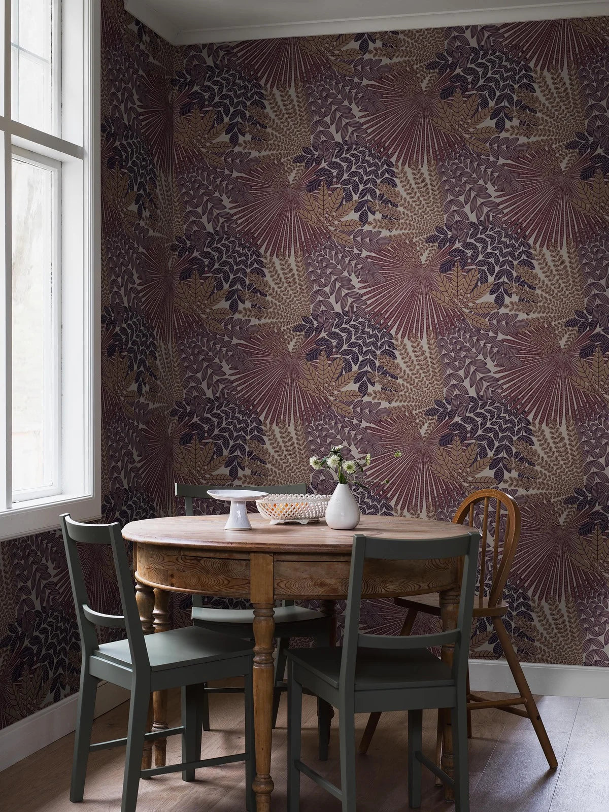 Purple Velvet Leaves Floral Wallpaper with Beige