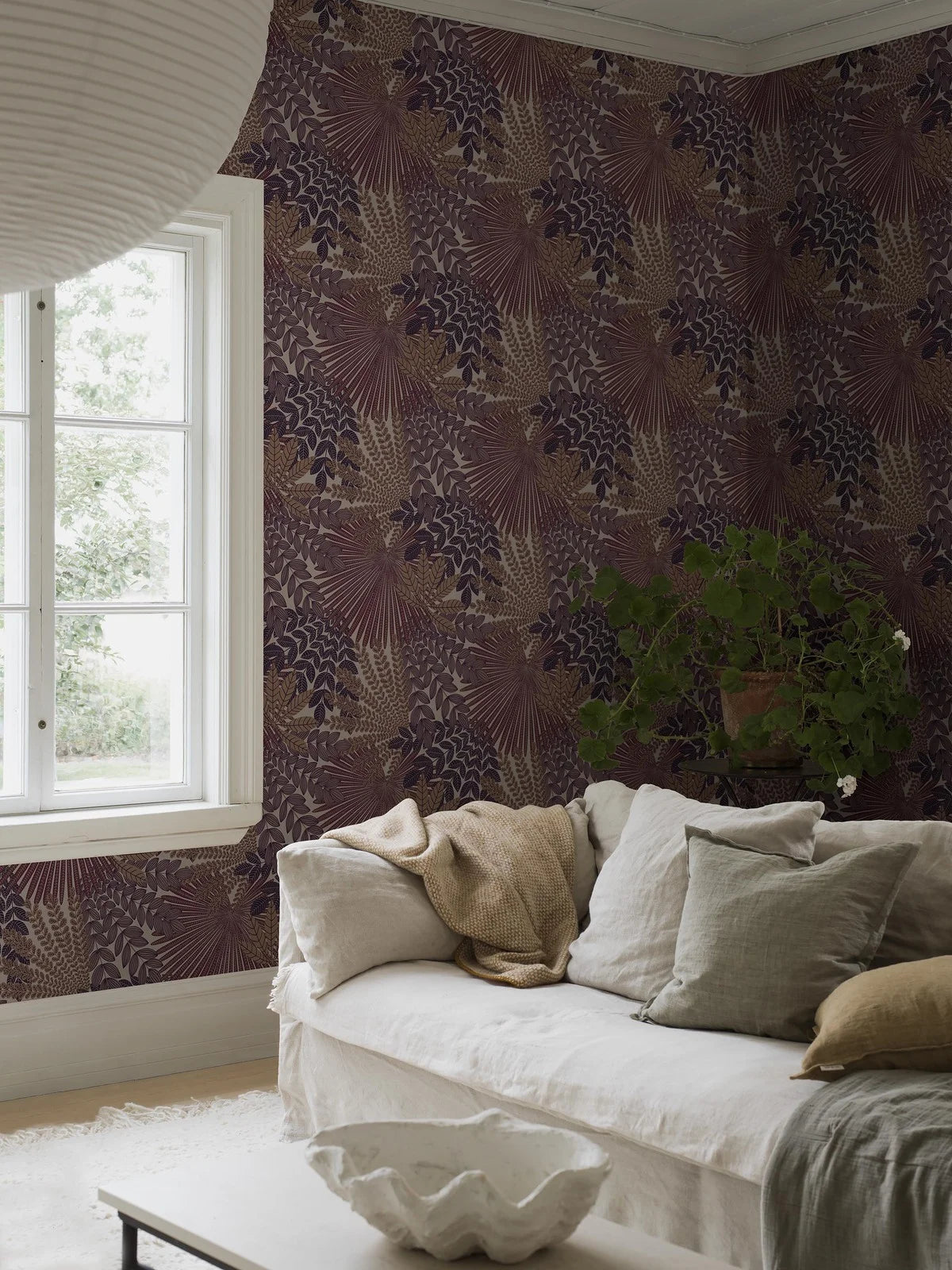 Purple Velvet Leaves Floral Wallpaper with Beige
