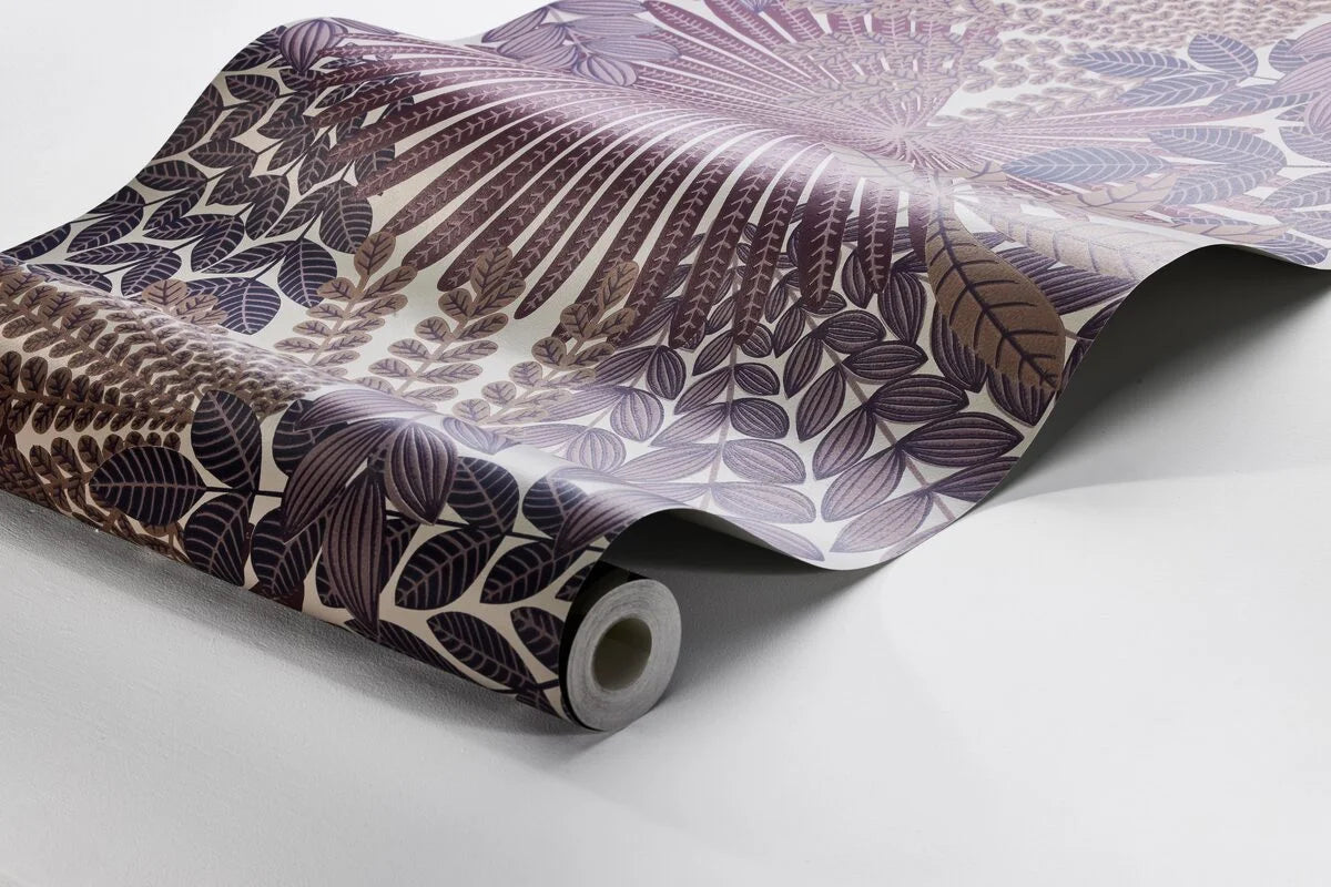 Purple Velvet Leaves Floral Wallpaper with Beige