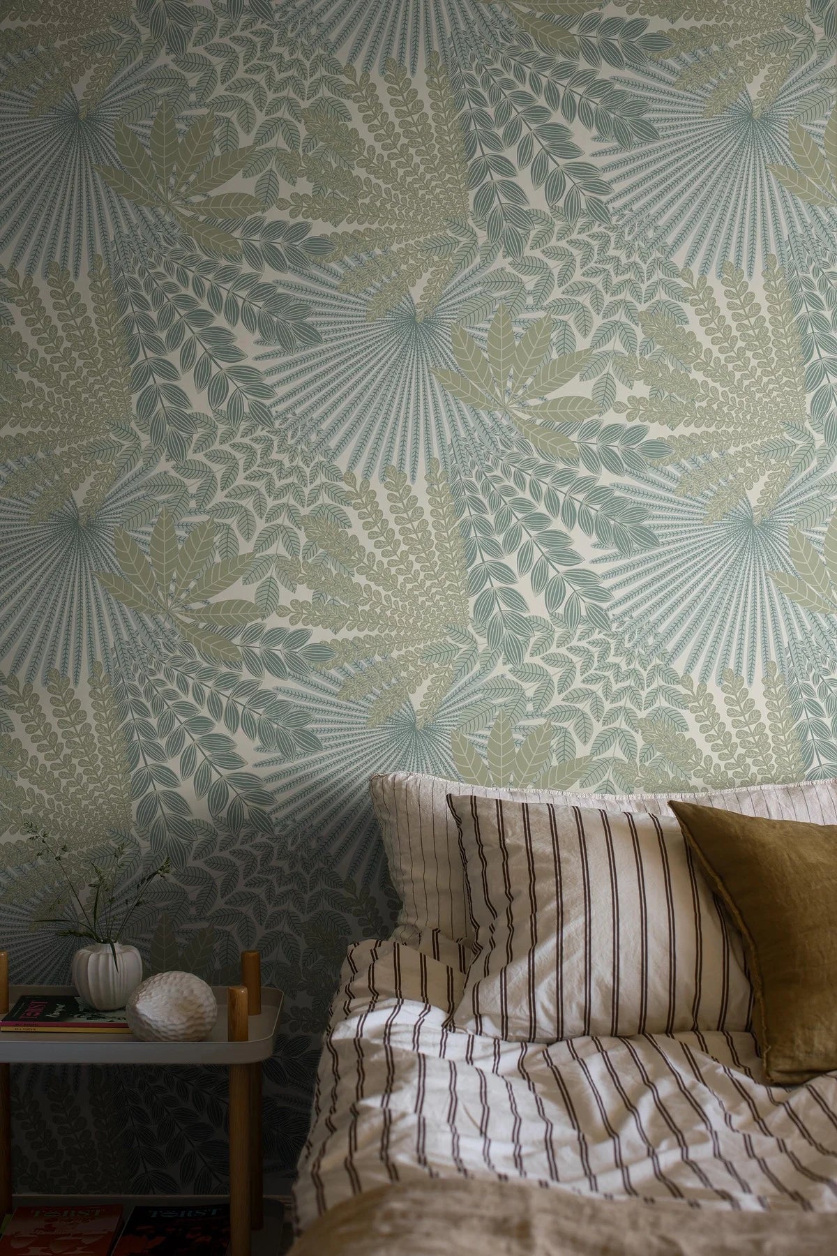 Olive Green Velvet Leaves Floral Wallpaper