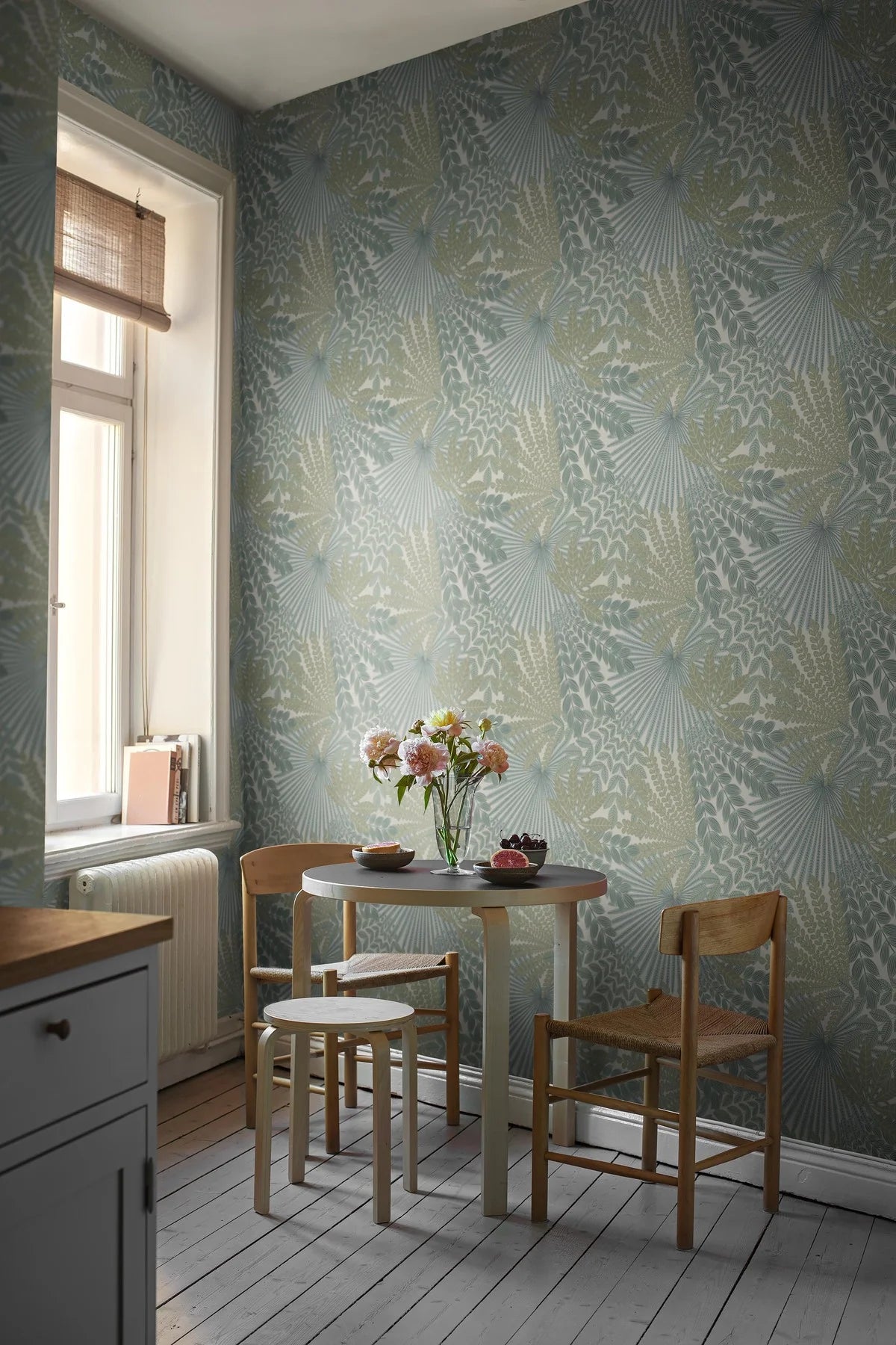 Olive Green Velvet Leaves Floral Wallpaper