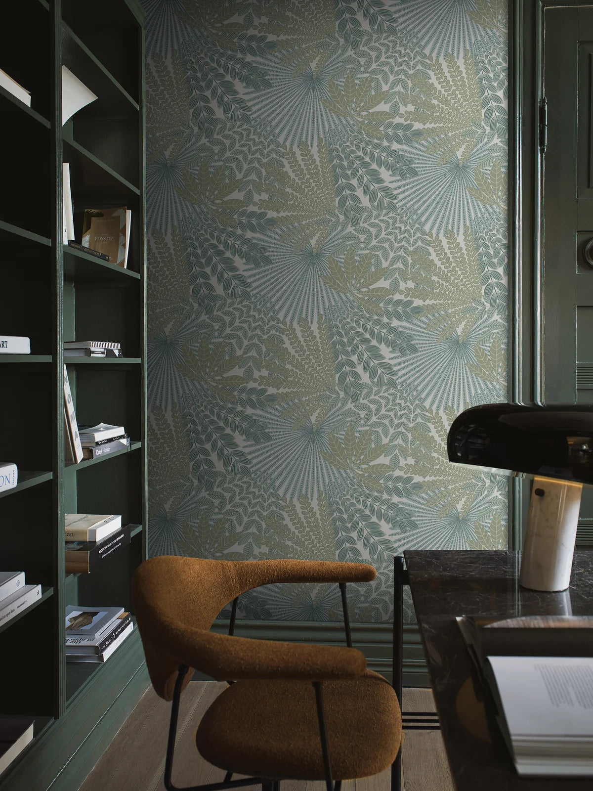 Olive Green Velvet Leaves Floral Wallpaper