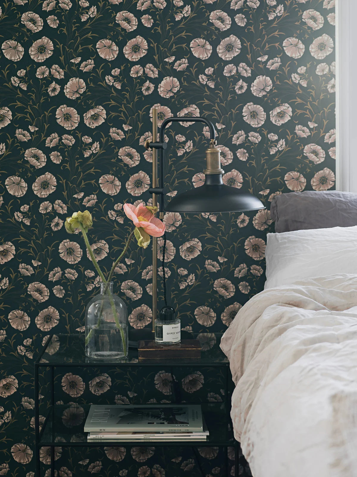 Dark Green Floral Poppy Flow Wallpaper with Beige