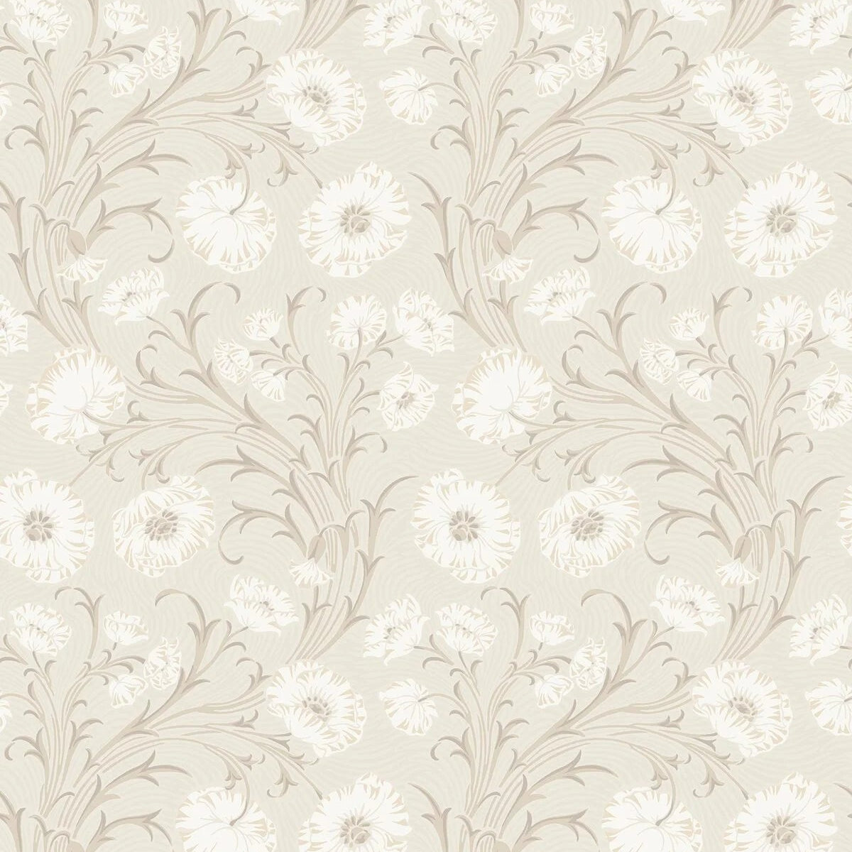 Beige floral patterned wallpaper with white Poppy Flow design