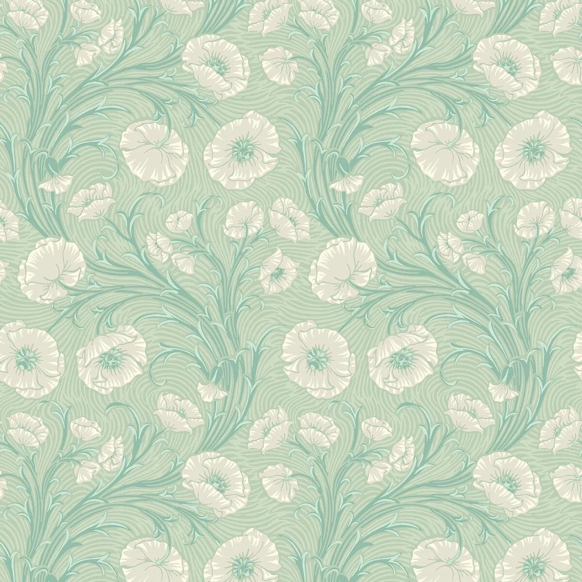 Green floral pattern wallpaper with beige poppy flowers