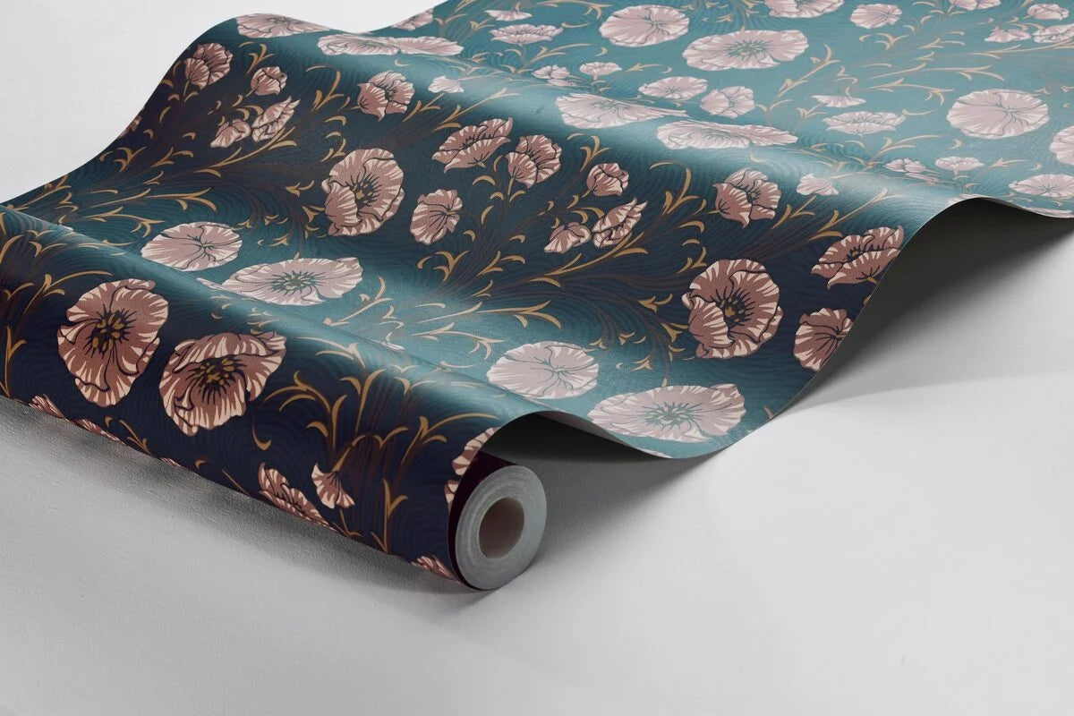 Navy Blue Poppy Flower Botanical Wallpaper with Pink