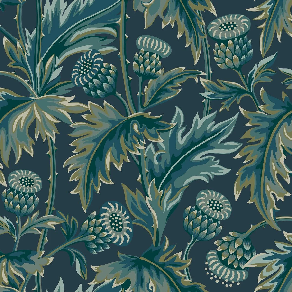 Behang met plantenmotief TREASURED THISTLE marineblauw met groen