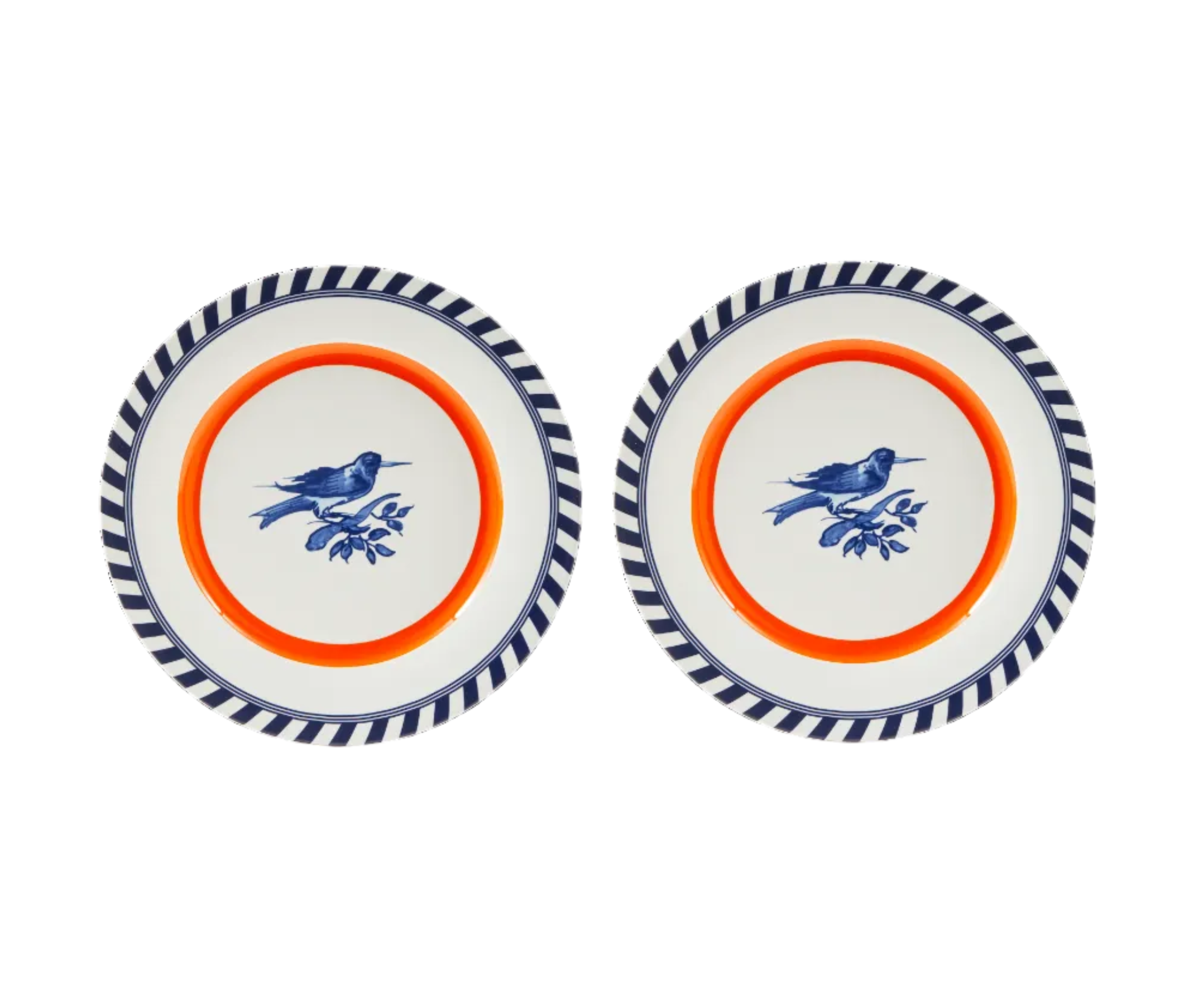 Set von Tellern VOGELMUSTER weiß mit Orange und Blau
