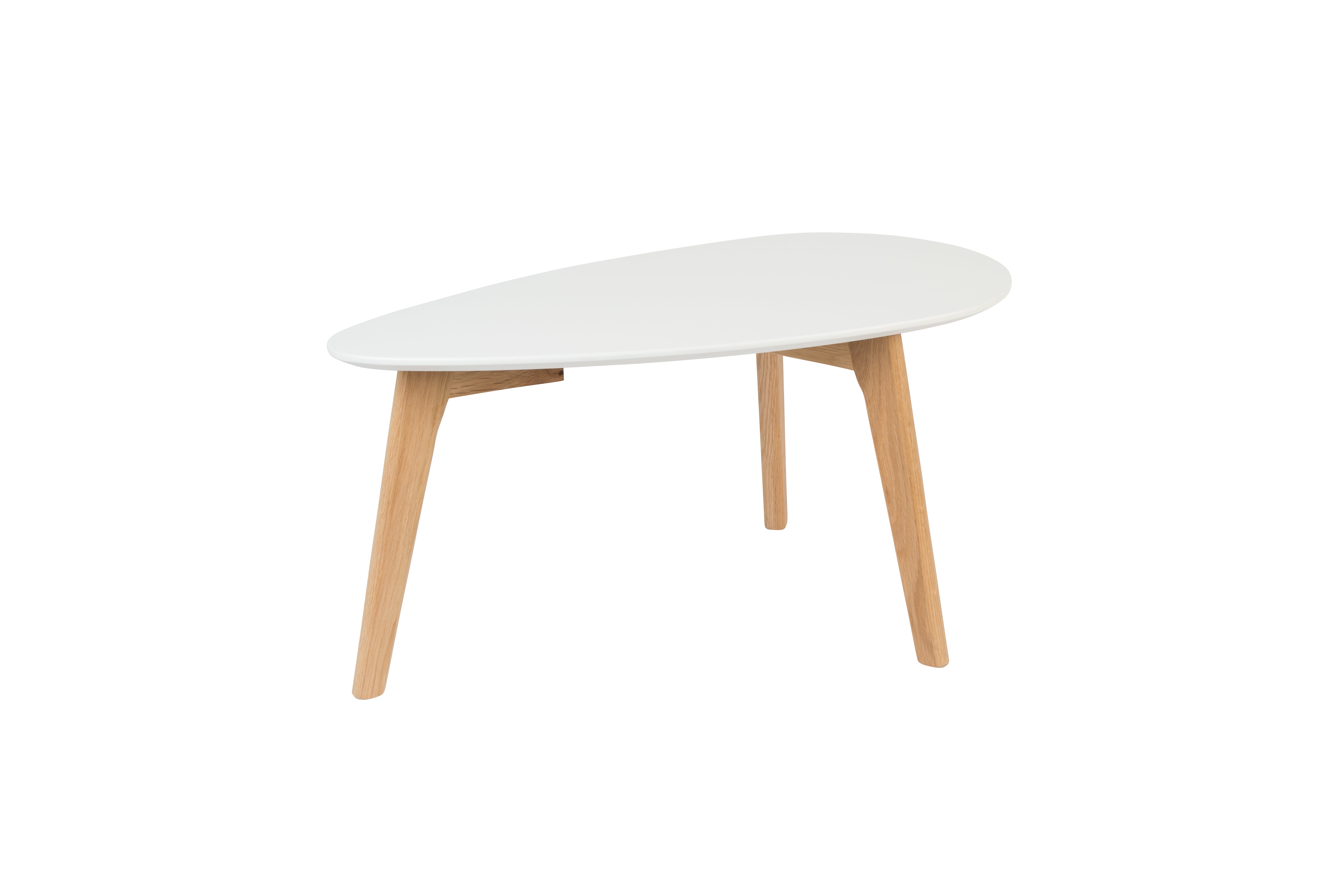 A set of white drop tables with a wooden base