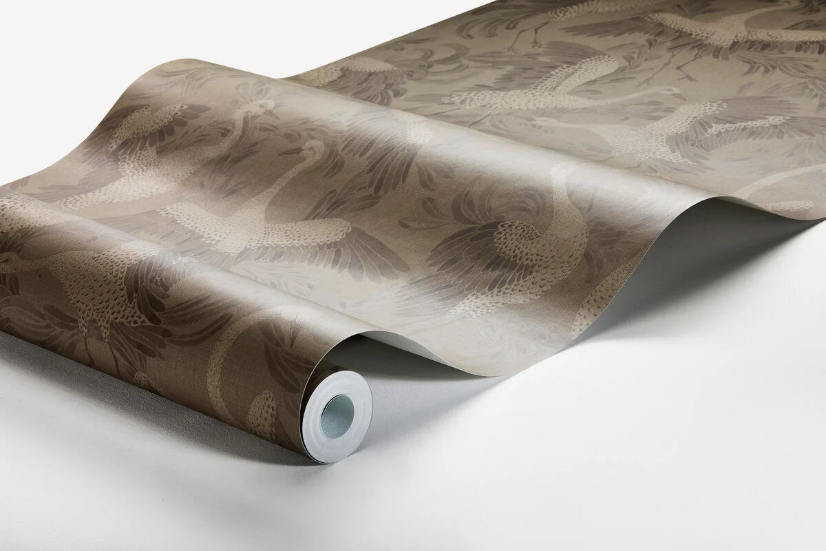 DANCING CRANE Brown Animal Motif Wallpaper