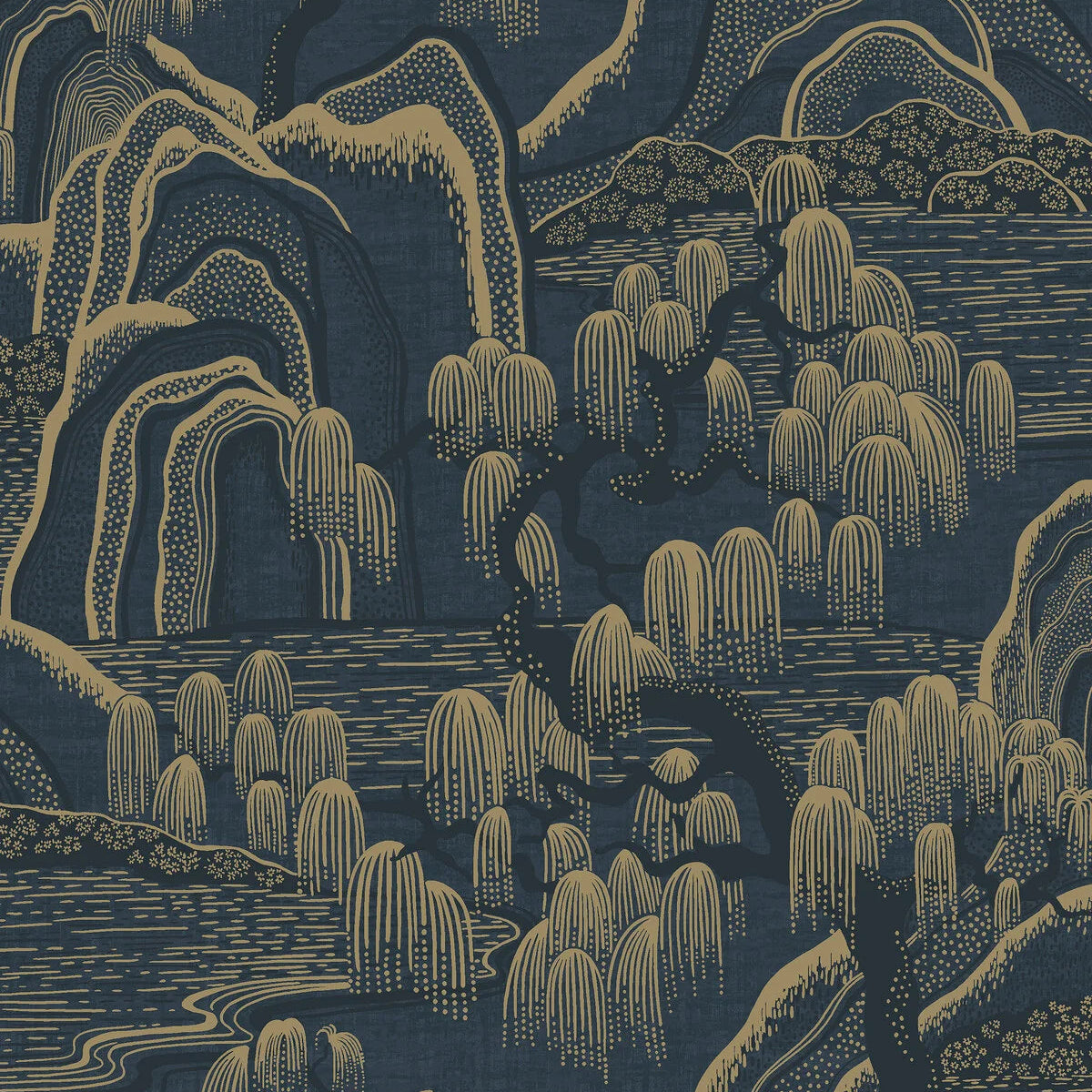 Vliesbehang met landschap INDIGO GARDEN marineblauw met goud