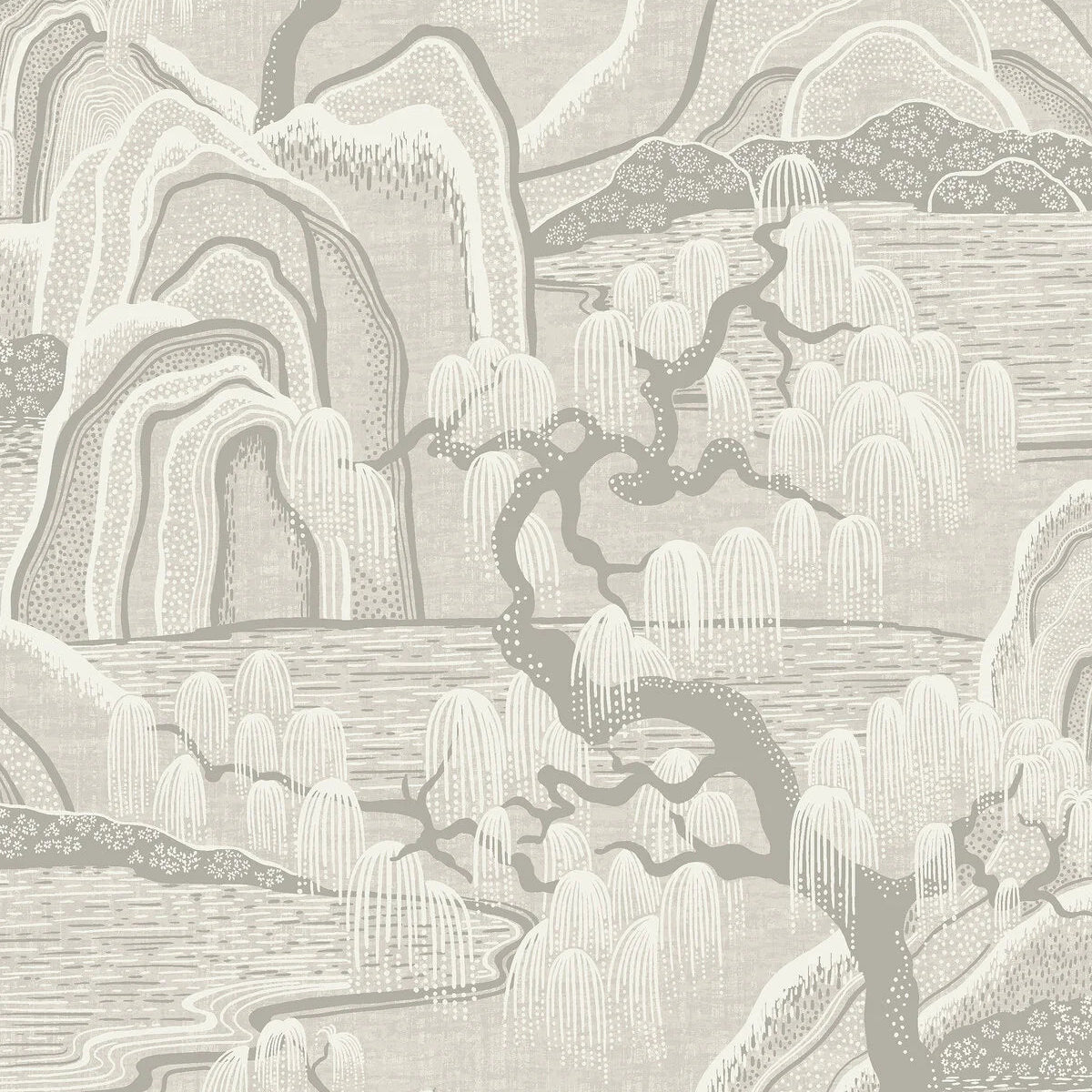 Non-woven paper wallpaper with INDIGO GARDEN landscape in beige and gray