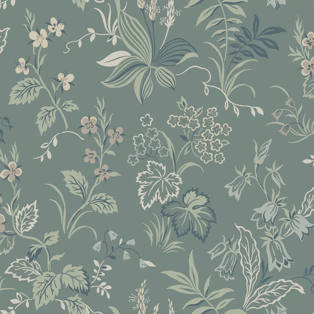 Folklore Plant Motif Wallpaper in Muted Green