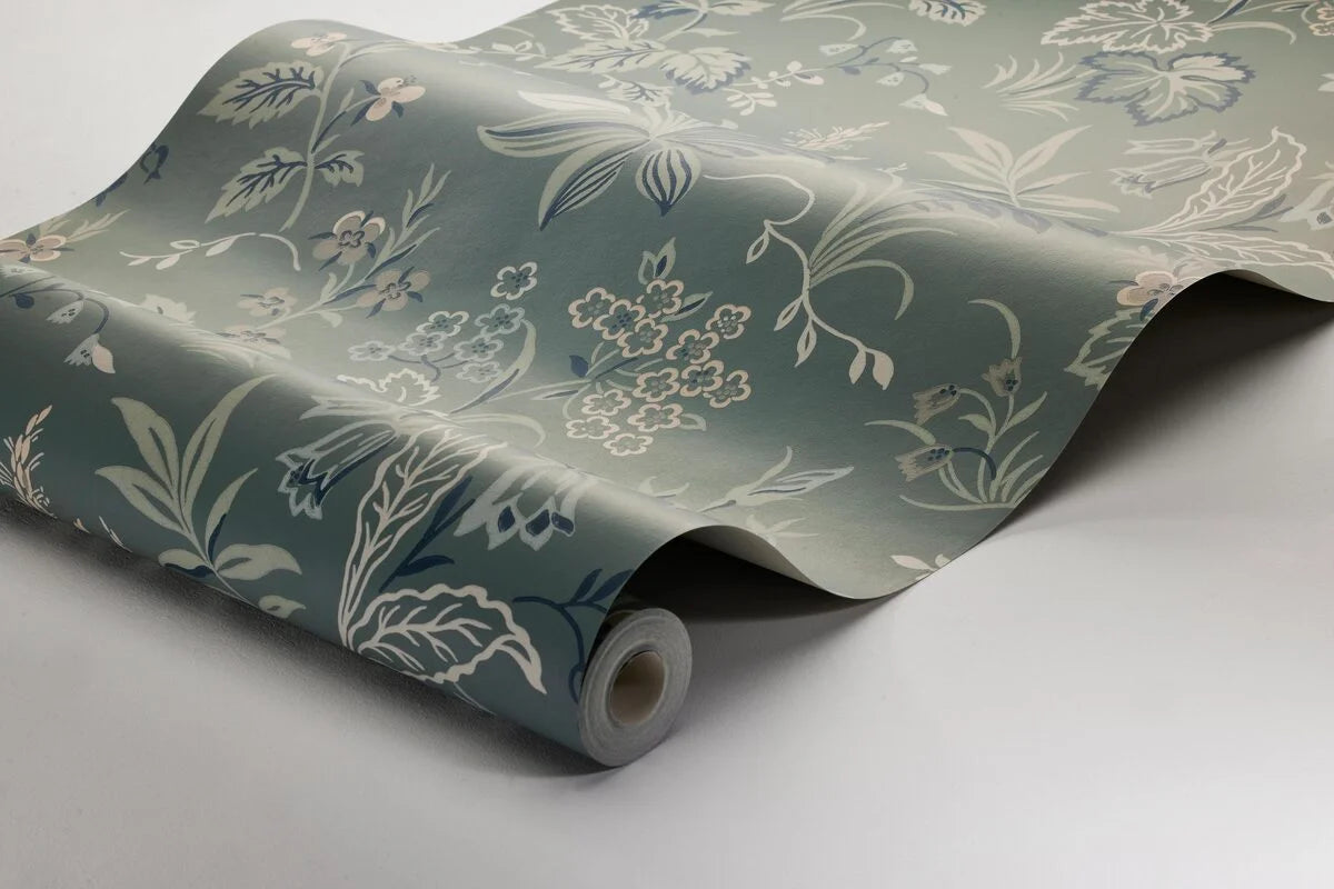 Folklore Plant Motif Wallpaper in Muted Green