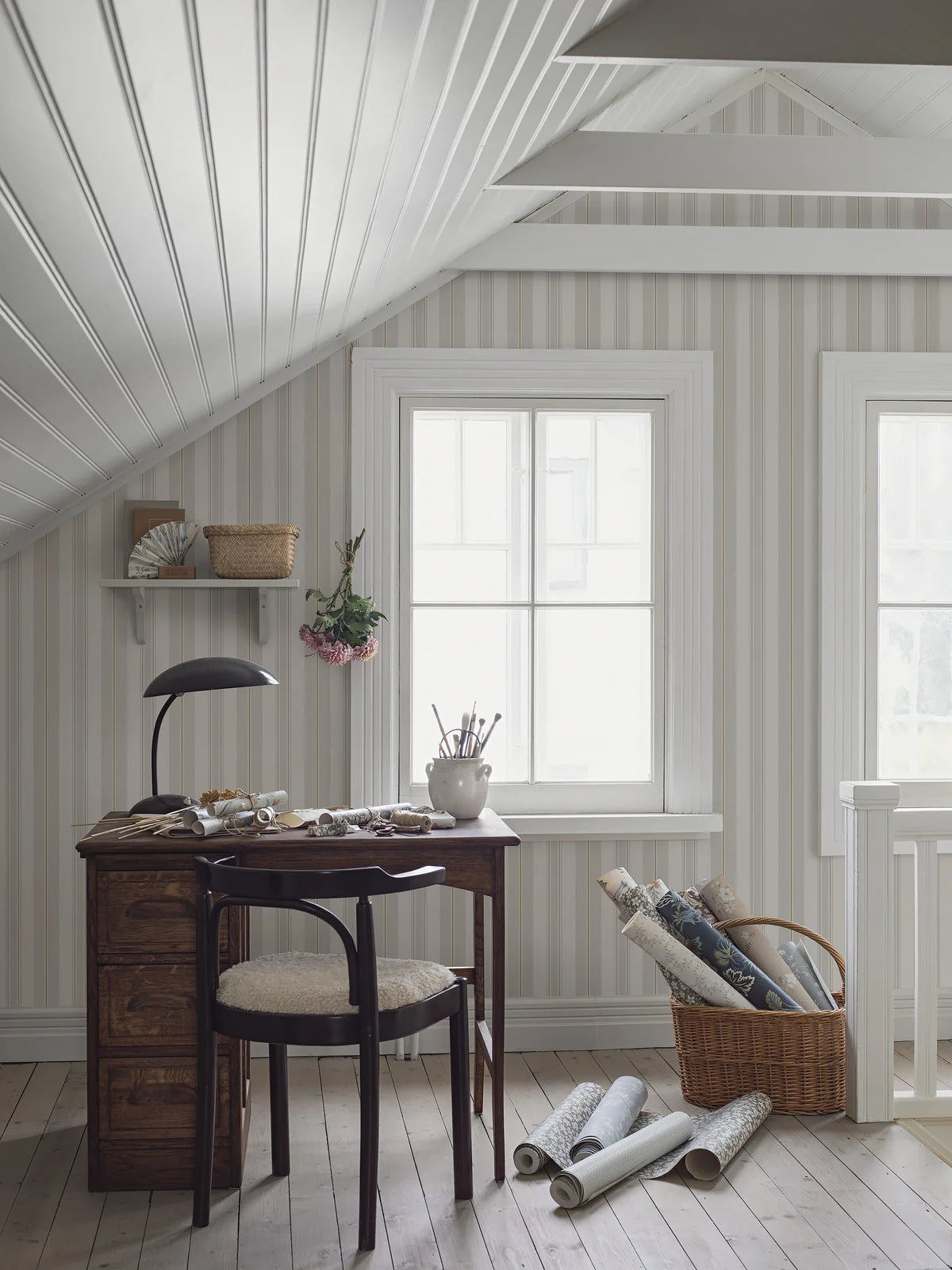 GUSTAF Gray and White Striped Wallpaper