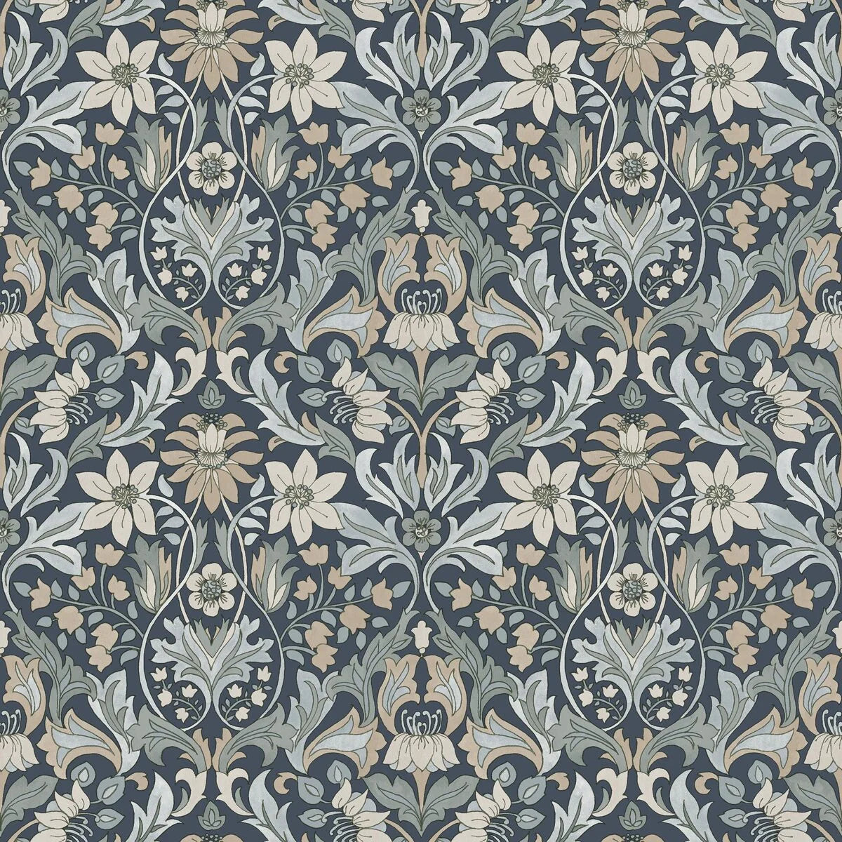 Tapete mit Pflanzenmotiv BLOMSTERFRÖJD in Marineblau mit Grün