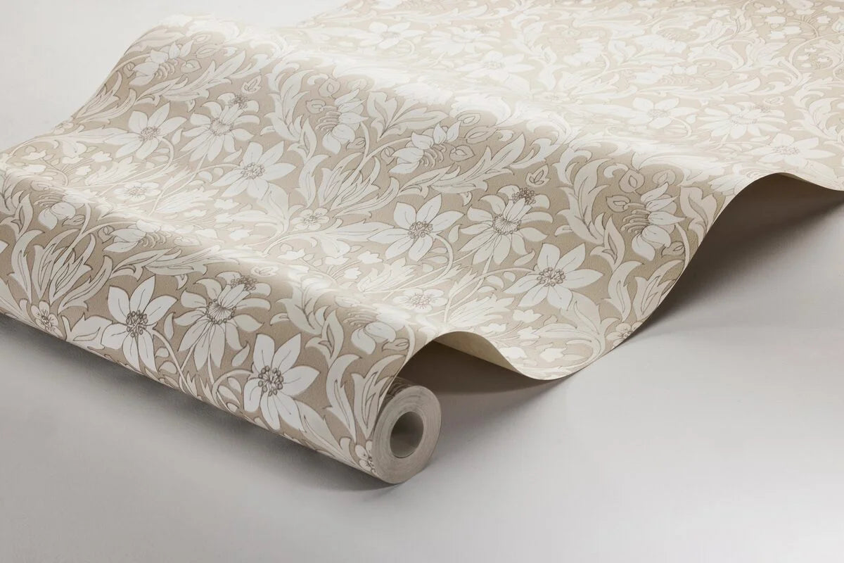 Beige Floral Pattern Wallpaper BLOMSTERFRÖJD with White