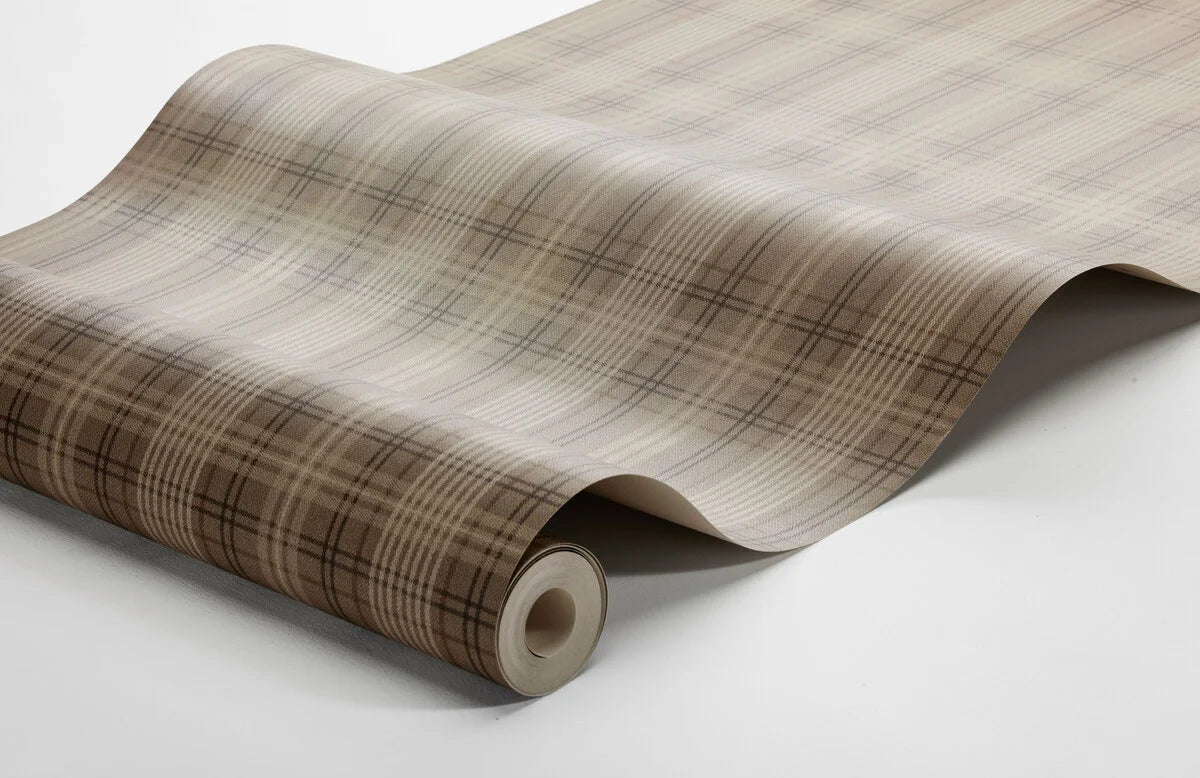 Brown TAILOR’S TWEED Wallpaper with Geometric Scottish Check Pattern in Beige