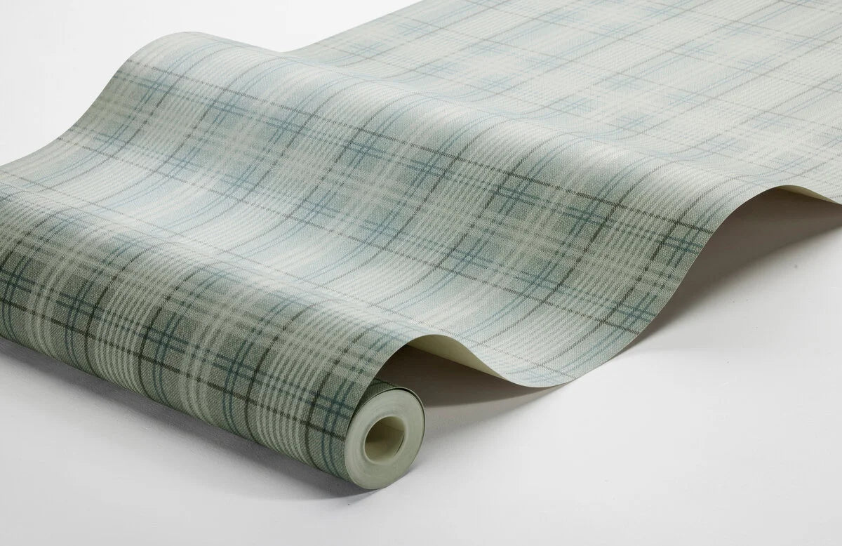 Geometrisch patroon behang in Schotse ruit TAILOR’S TWEED turkoois met beige