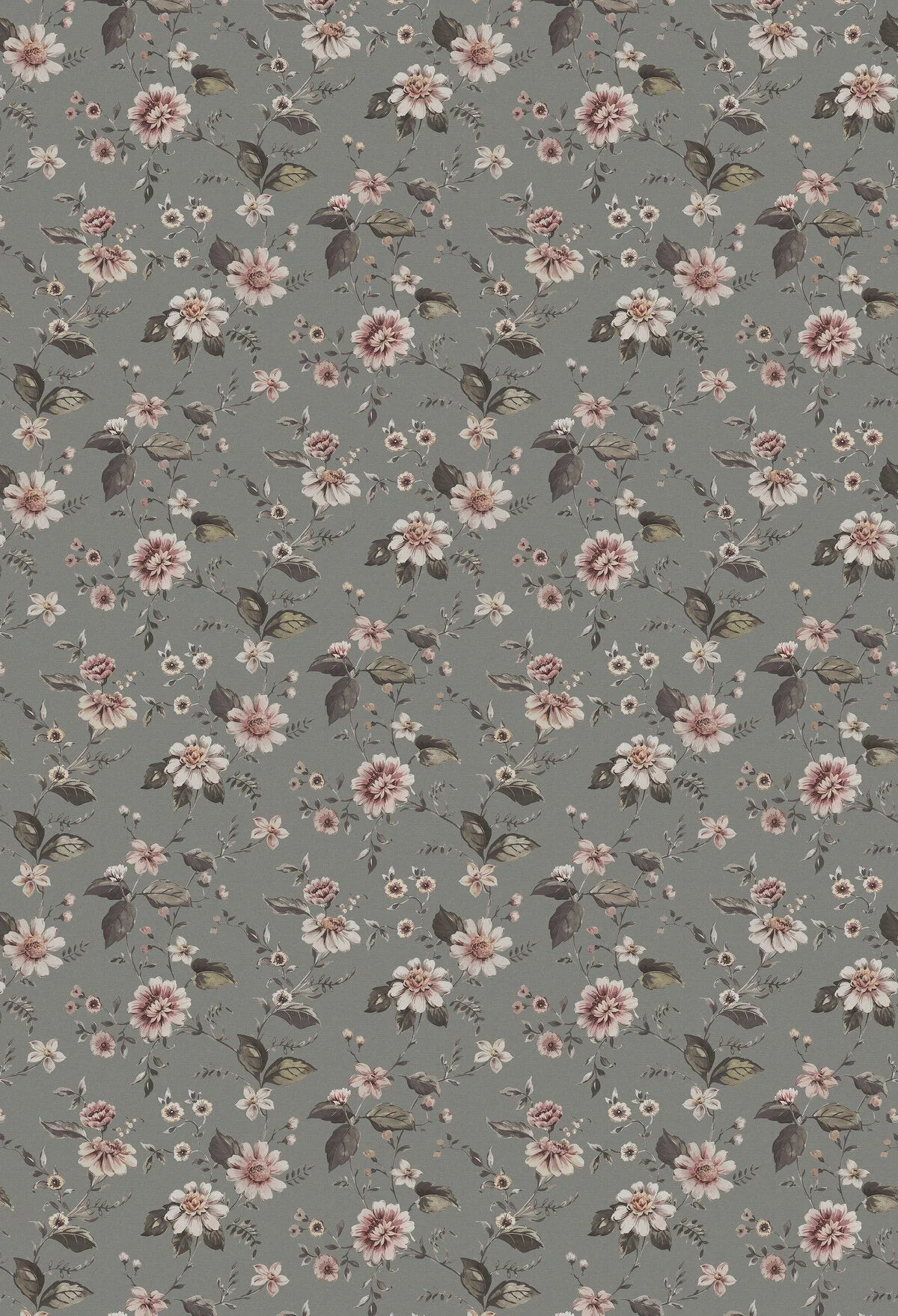 Structuurmuur met plantaardig bloemenpatroon MARION’S grijs met roze